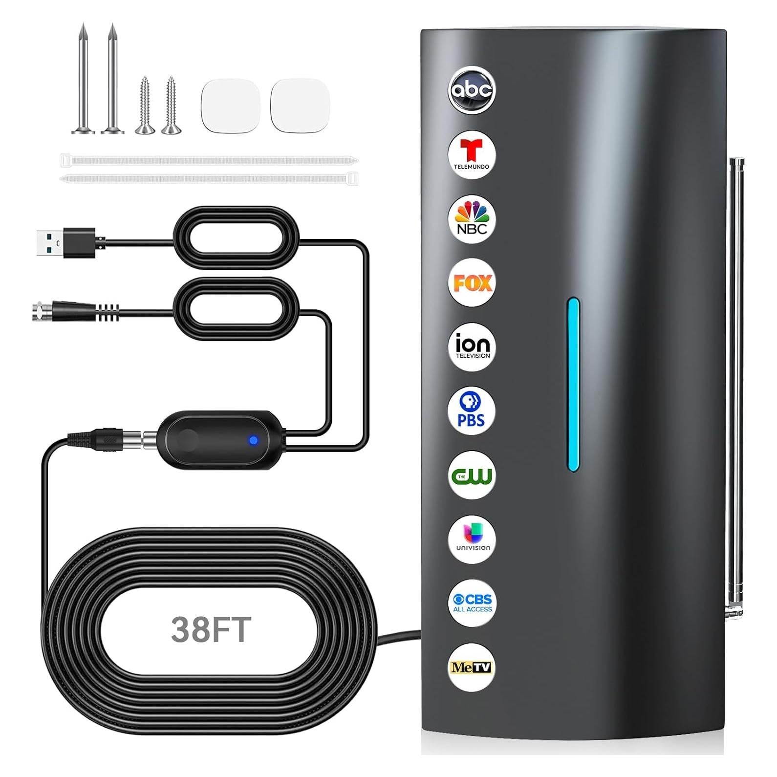 2800+ Miles Range TV Antenna,2025 Strongest Digital Antenna for Smart TV Indoor with Amplifier, 360° Long Range Reception HD Local Channels -38FT Coax Cable -Supports 8K, 4K, 1080P for Smart/Old TVs