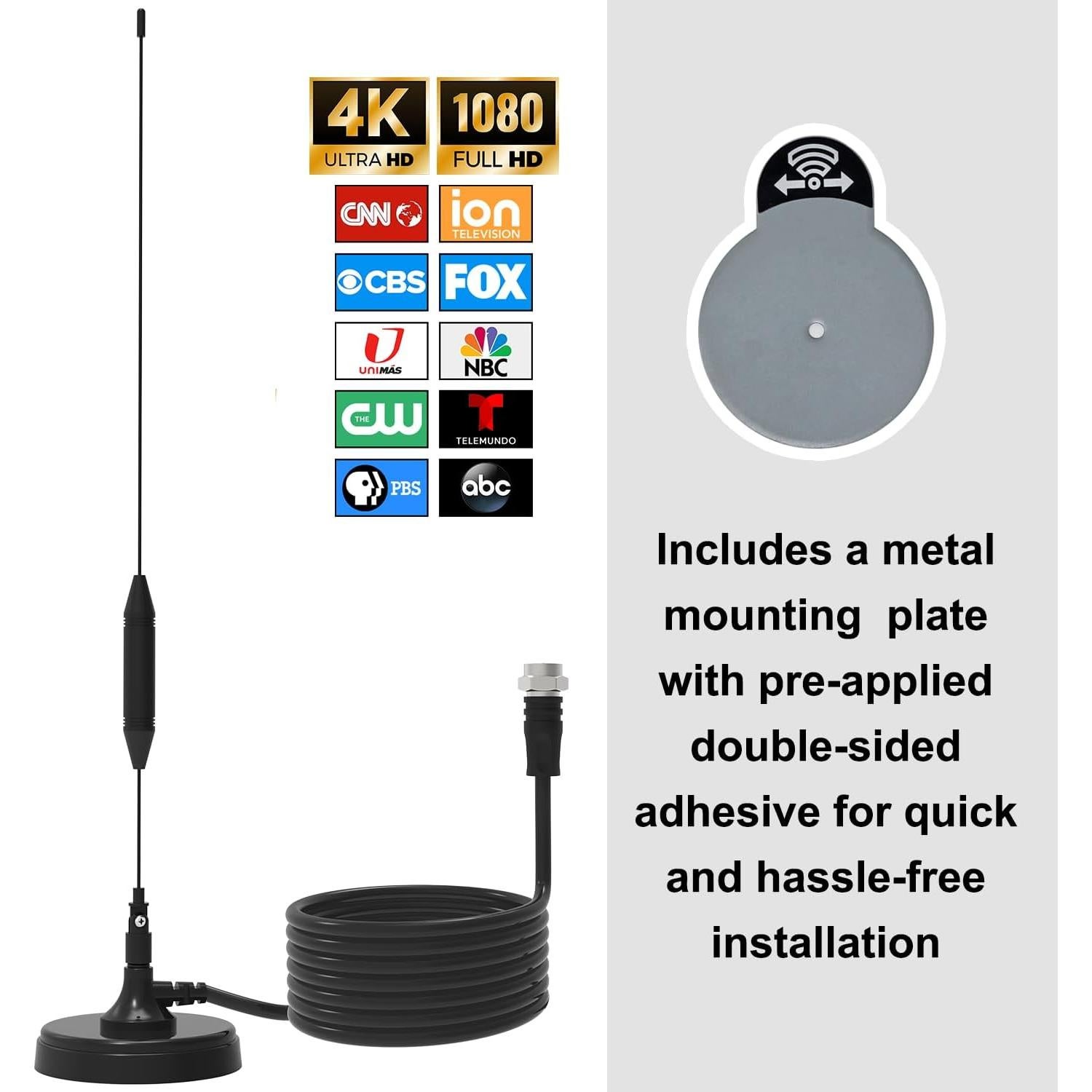 Antena de TV Transonic B168 Interior/Exterior 4K 1080P con Base Magnética