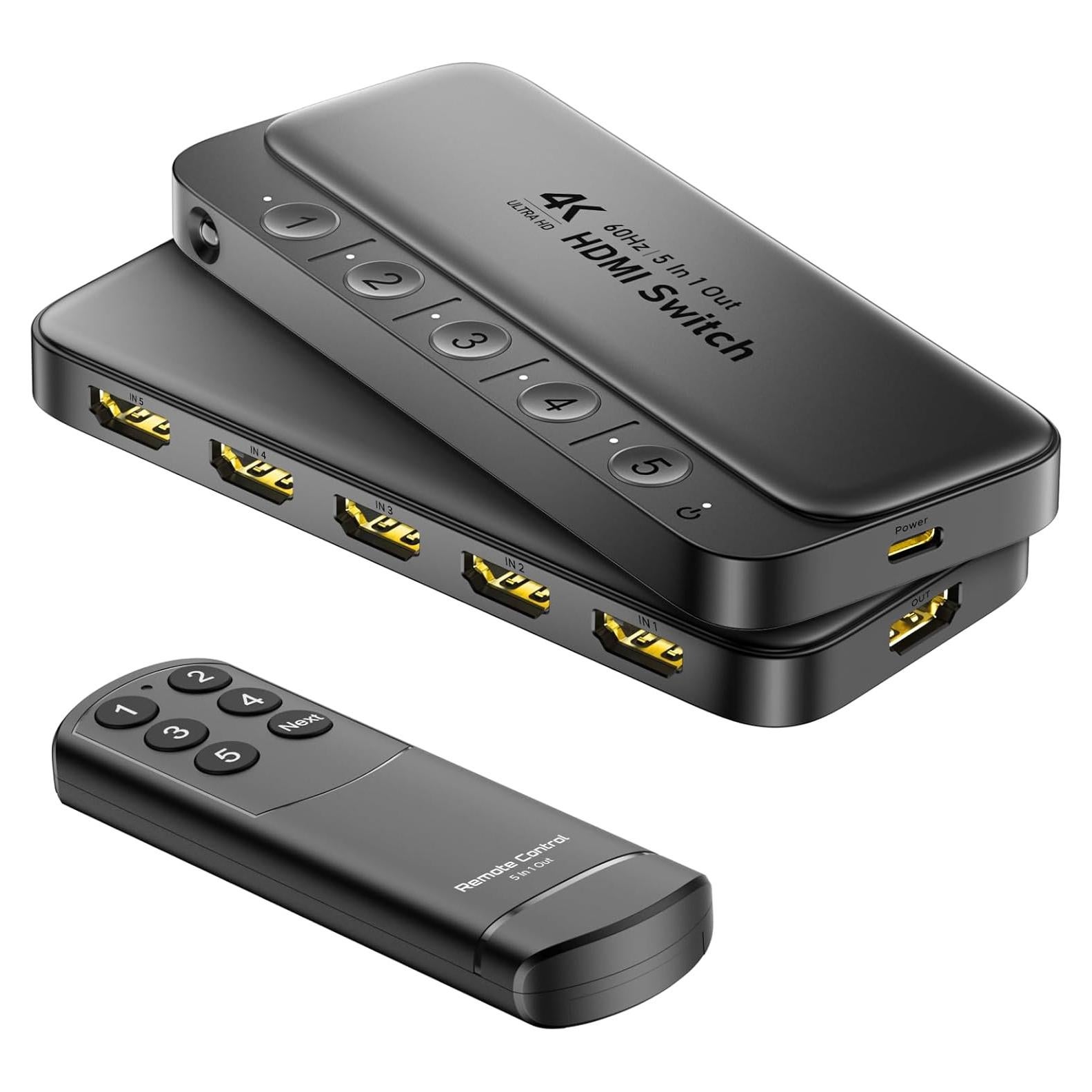 ByteWave HDMI Switch 5 in 1 Out with Remote - 4K@60Hz, HDCP2.3, HDR, 3D, Dolby Support, Multi HDMI Port Selector Box, 5x1 Game Switcher Hub Compatible with PS5 Nintendo Switch1/2 Xbox Roku TV Stick