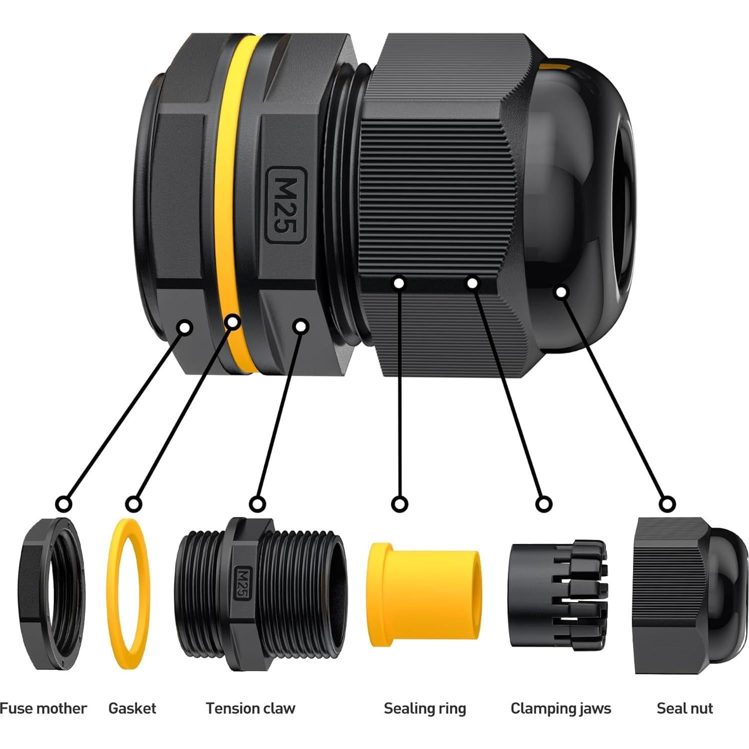 Conector de Cable M25 Tynoscco IP68 Negro 10 Pcs 4-14mm