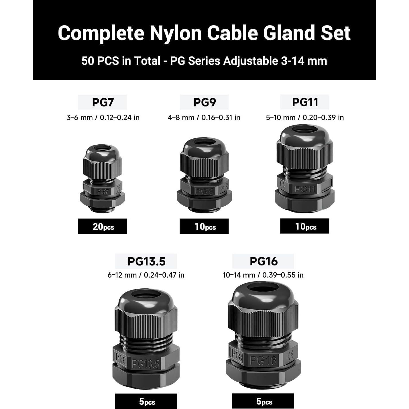 VCELINK Kit de 50 Conectores de Cable IP68 Nylon Negro