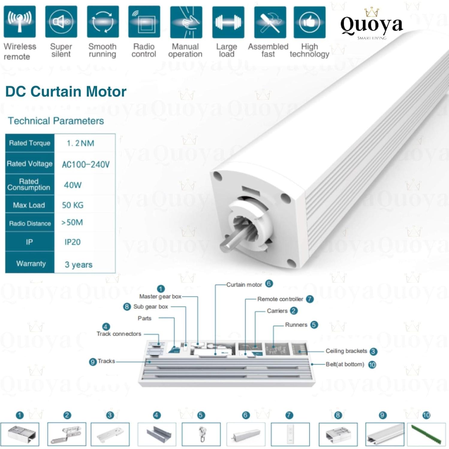 Cortinas Inteligentes Quoya QL500, Pista Eléctrica 7m, Control Alexa