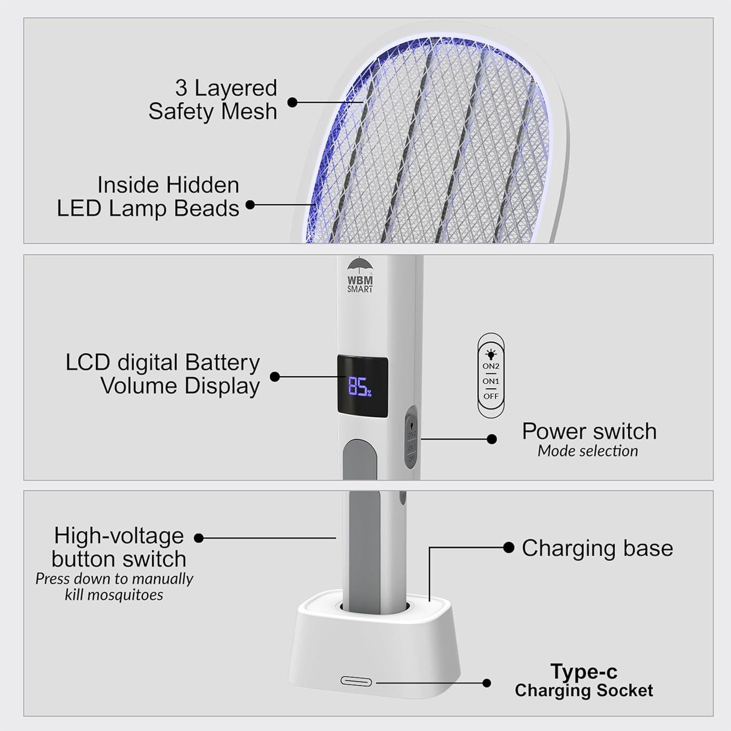 Raqueta Eléctrica WBM SMART 2 en 1 para Insectos 3000V