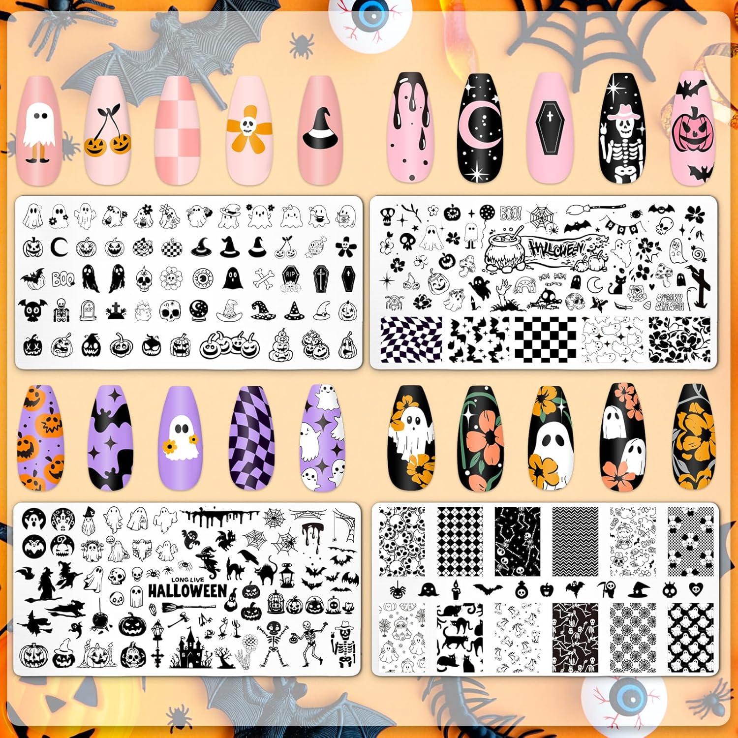 Placas de Uñas Halloween Whaline 4 Pcs Estampado Fantasmas