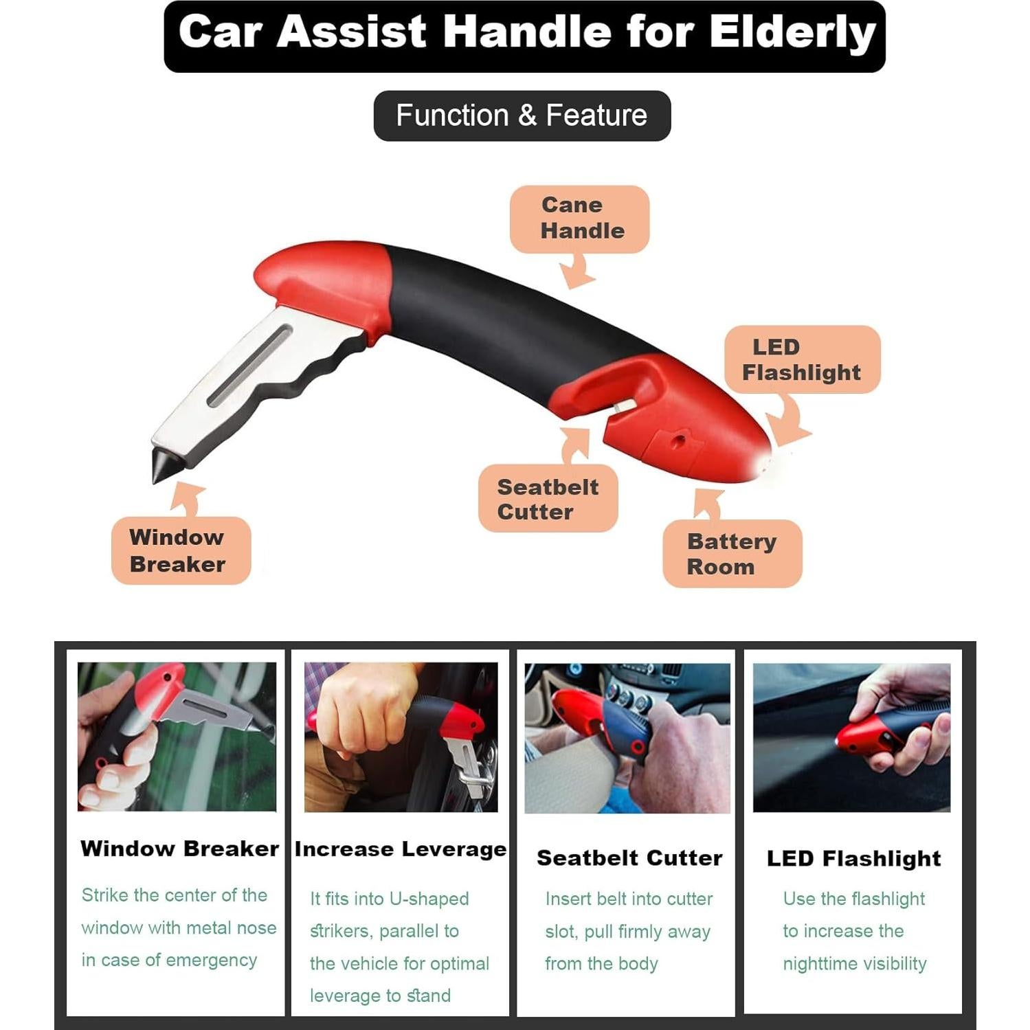 Asa de Ayuda para Auto KAKKOII 5 en 1 con Linterna LED