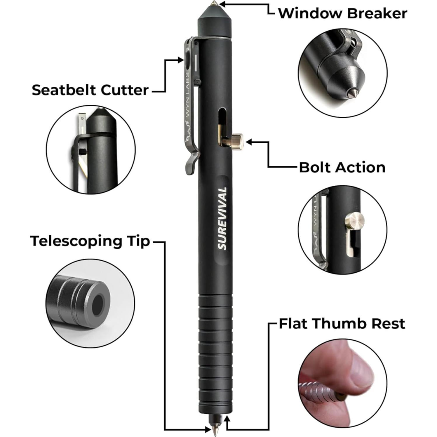 Bolígrafo Táctico Surevival WYN LABS con Cortador de Cinturón