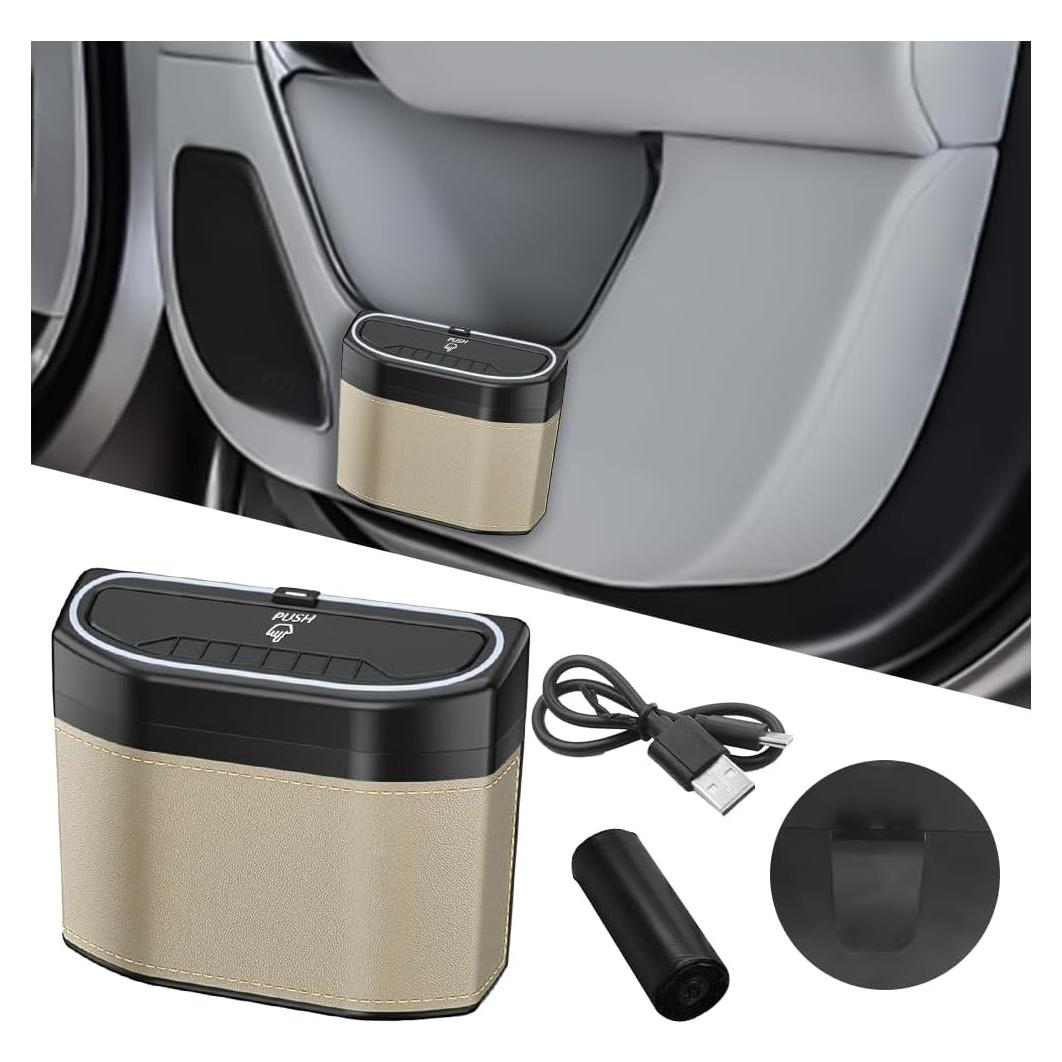 Basurero de Auto Sandfren Beige con Luz LED y Tapa 5.78L