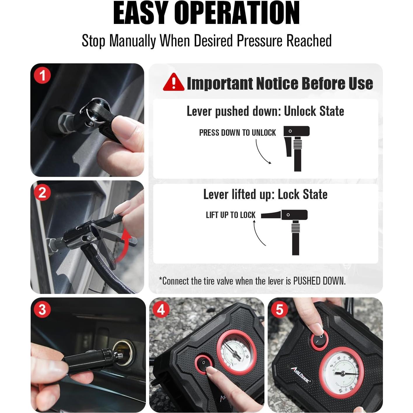 Compresor de Aire Portátil AVID POWER 12V con Medidor y Luz LED