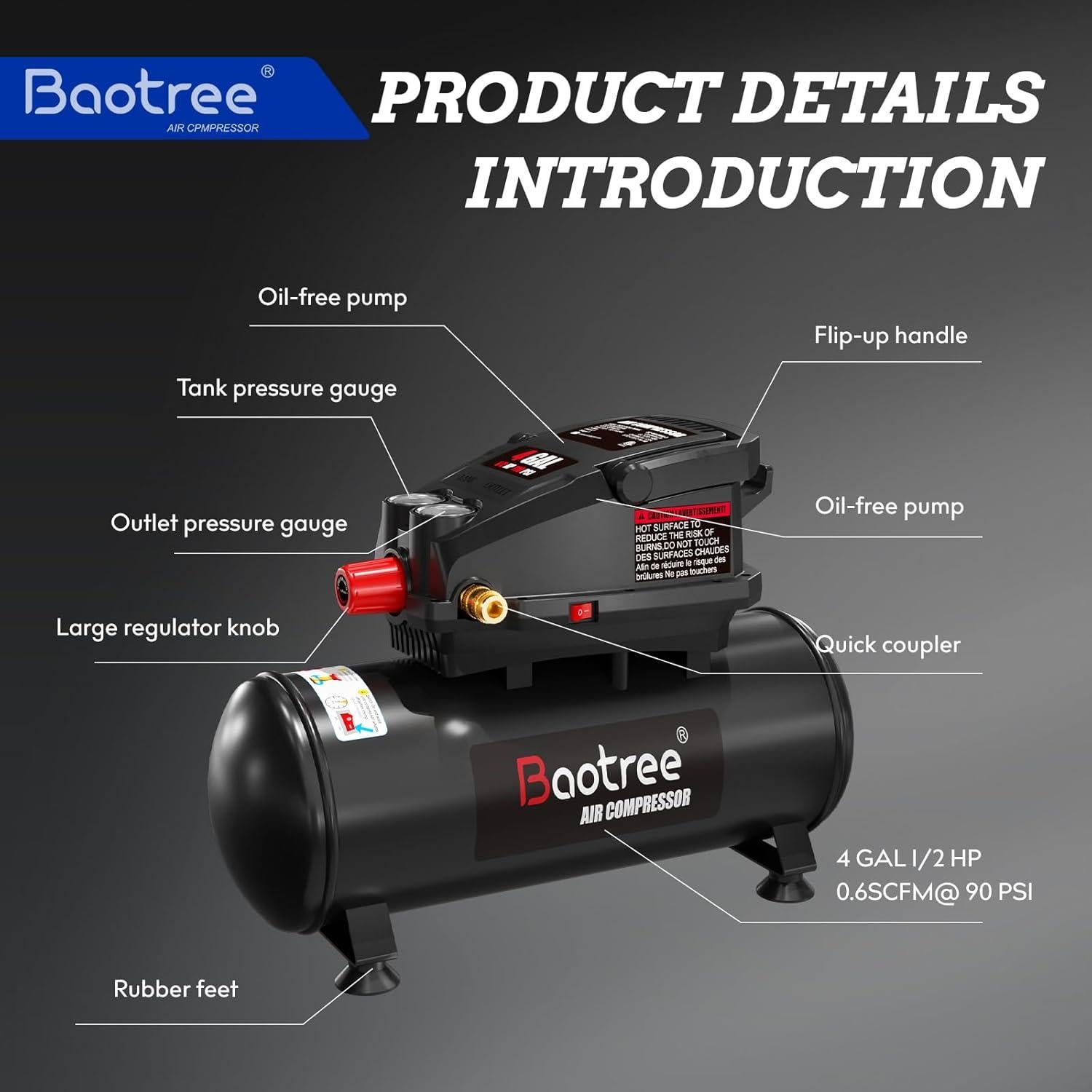 Compresor de Aire Portátil Baotree 4 Galones 0.5HP 110PSI