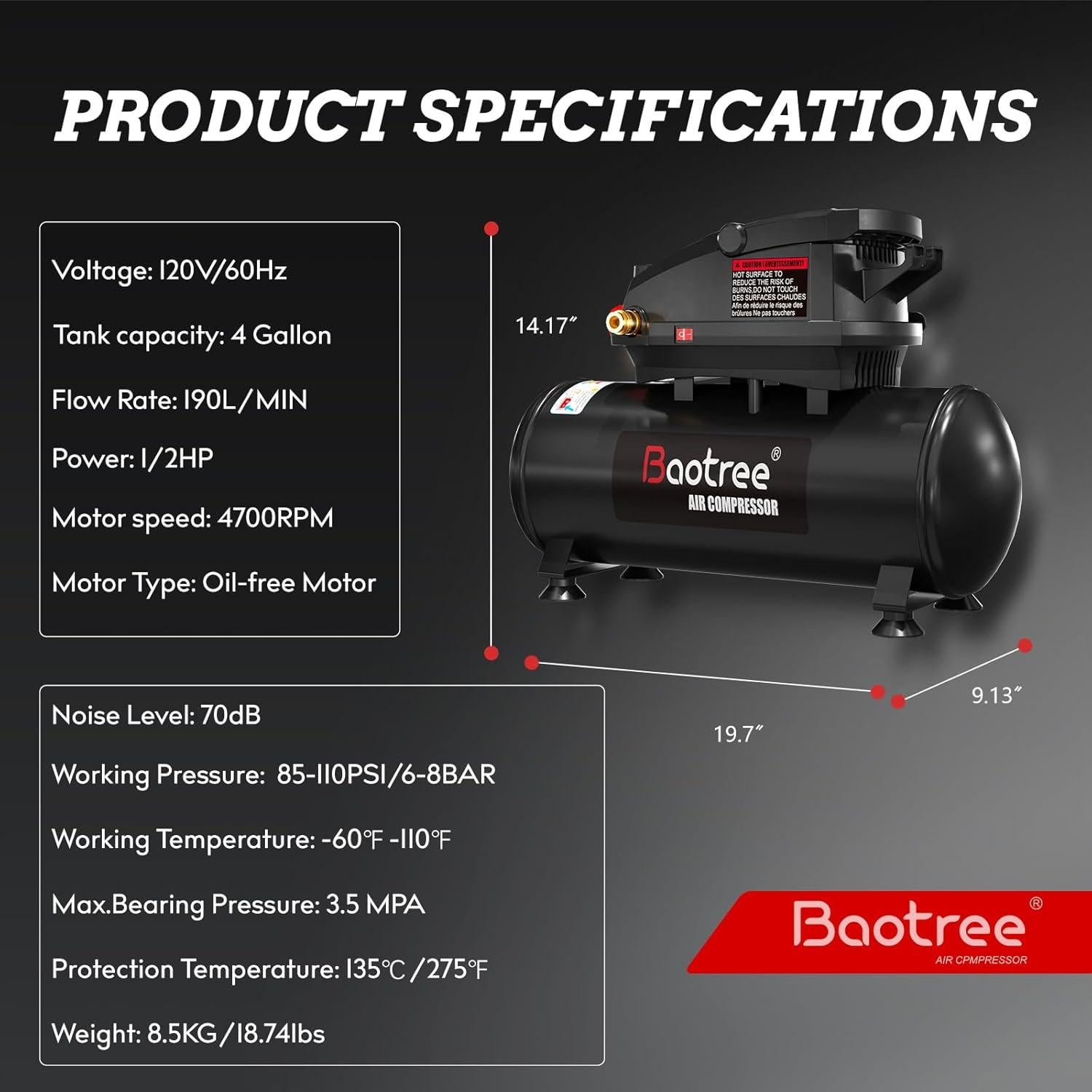 Compresor de Aire Portátil Baotree 4 Galones 0.5HP 110PSI