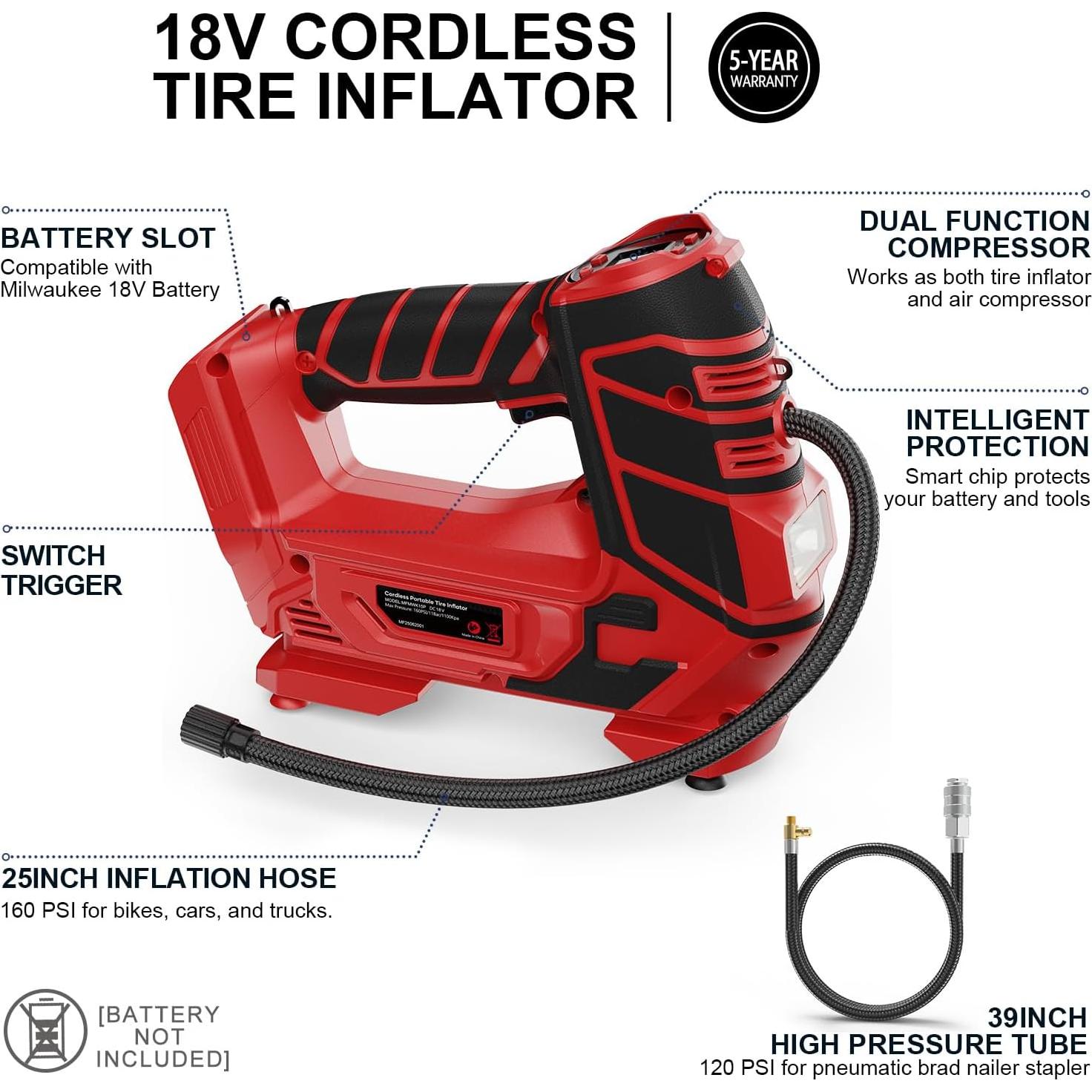 Compresor de Aire Inalámbrico Mayoki 18V 120 PSI para Neumáticos