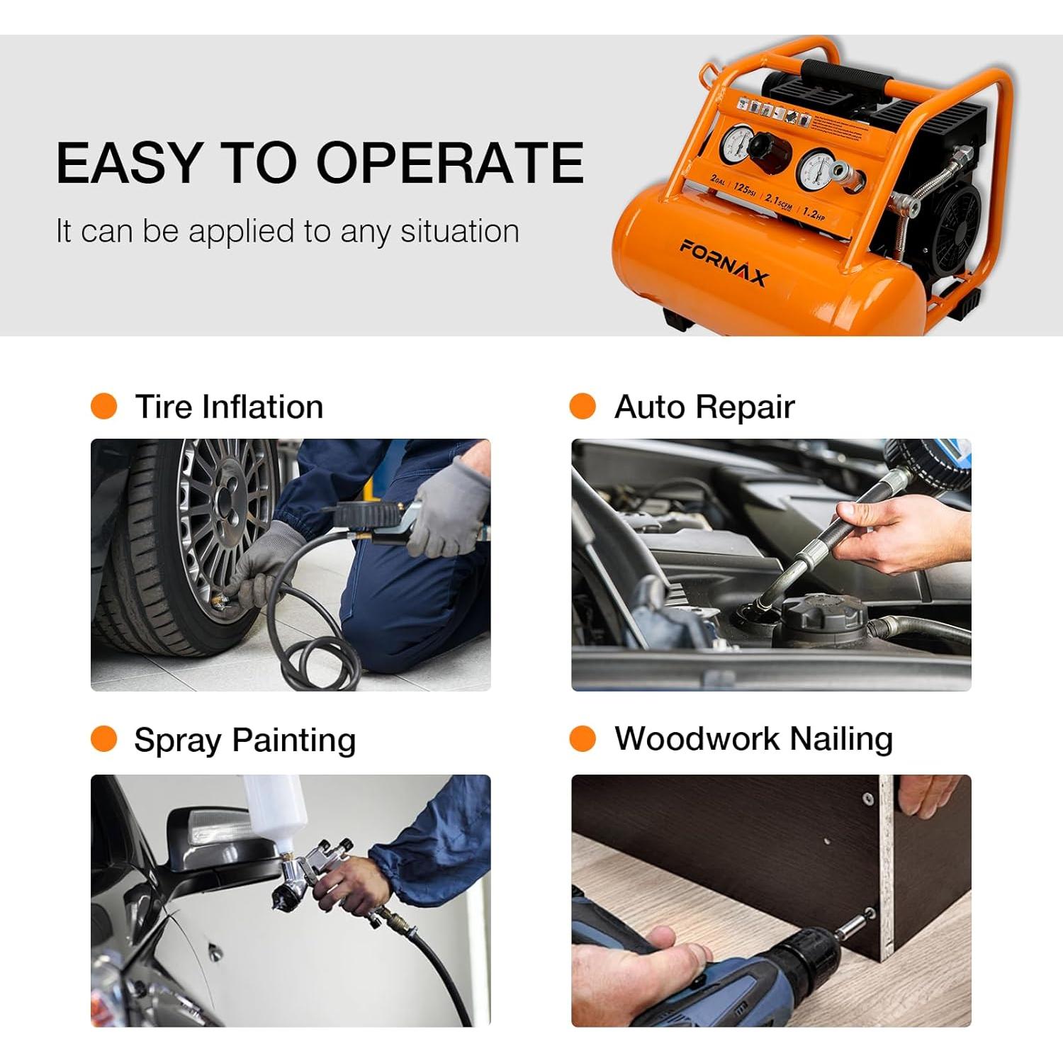 Compresor de Aire Portátil FORNAX 2 Galones 1.2 HP Silencioso