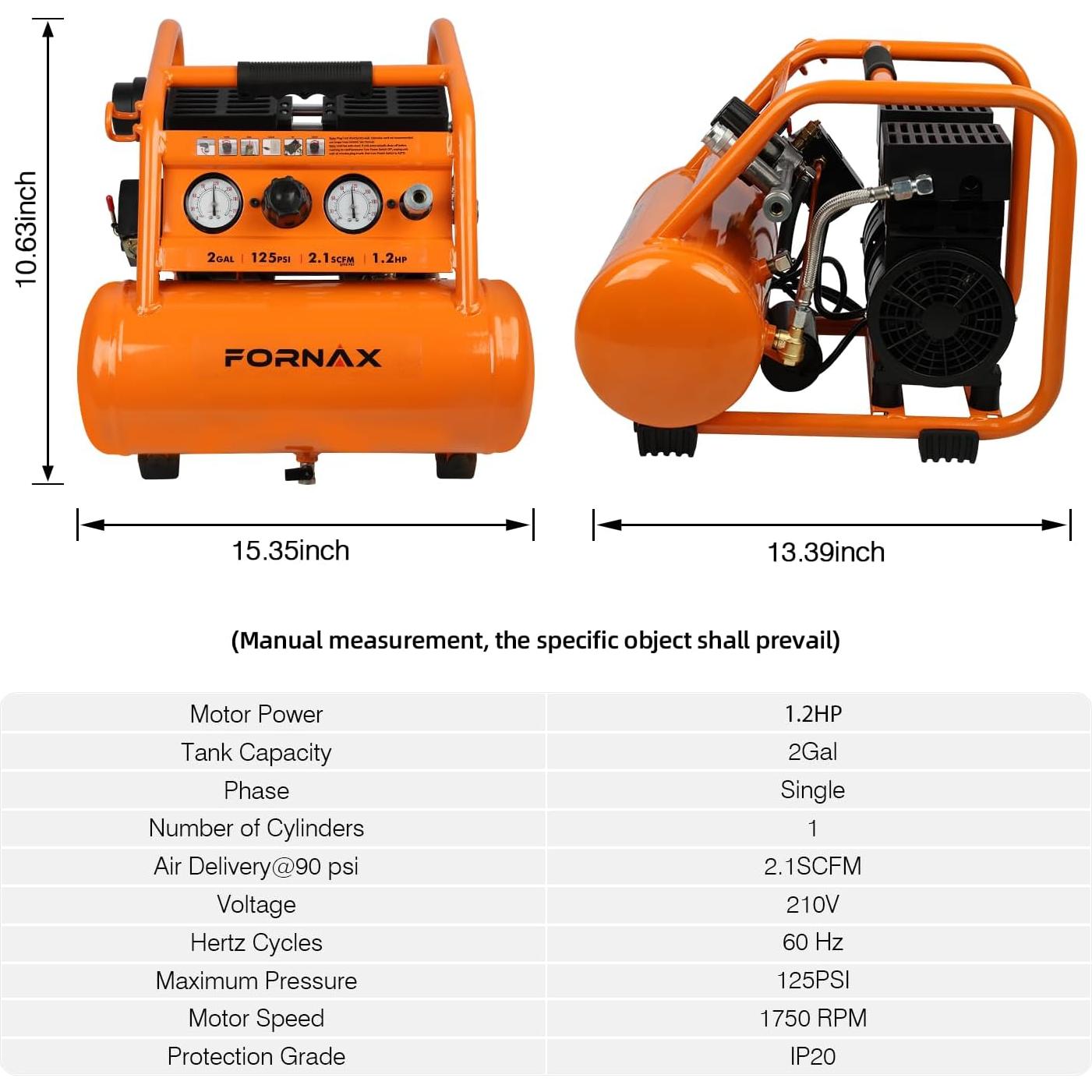 Compresor de Aire Portátil FORNAX 2 Galones 1.2 HP Silencioso