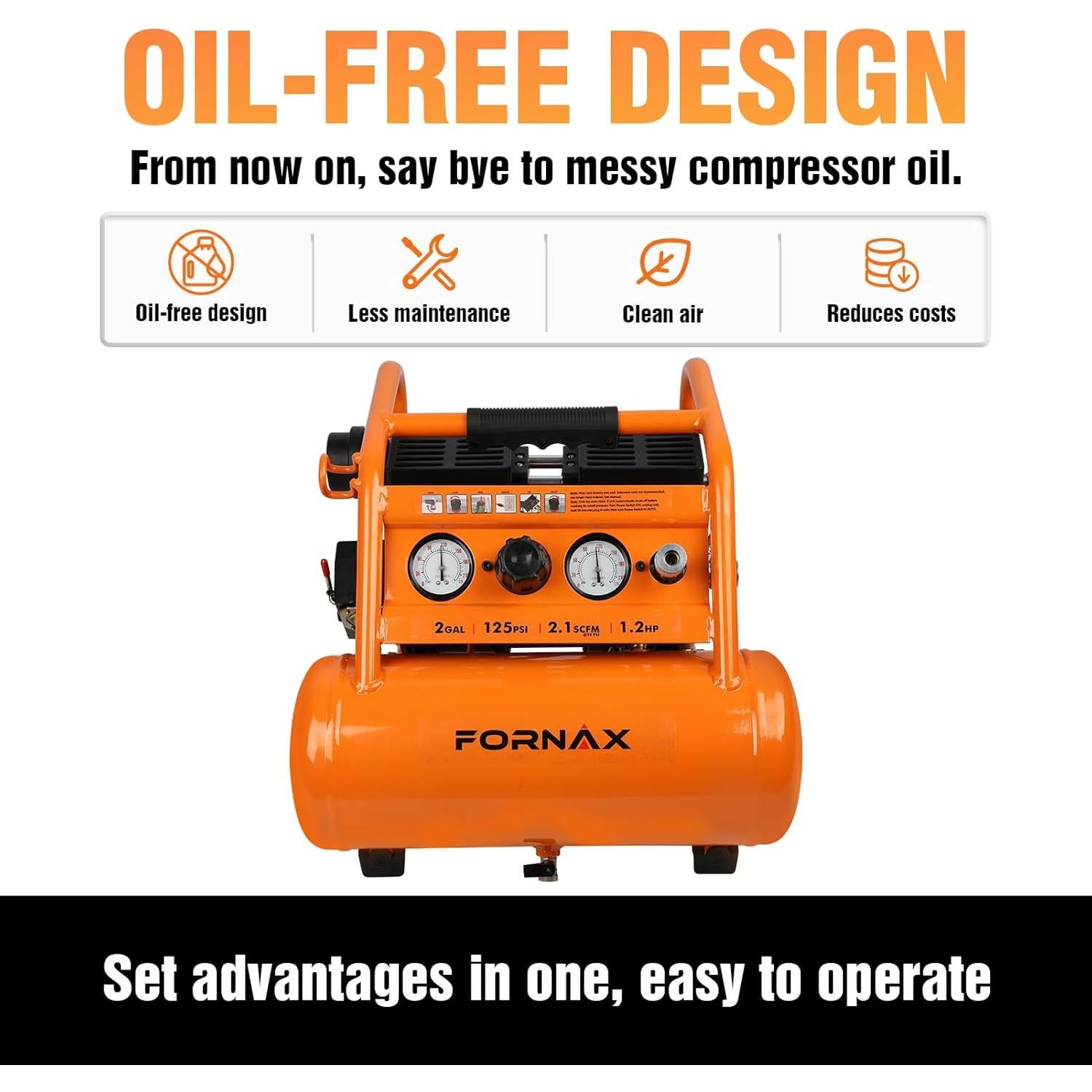 Compresor de Aire Portátil FORNAX 2 Galones 1.2 HP Silencioso