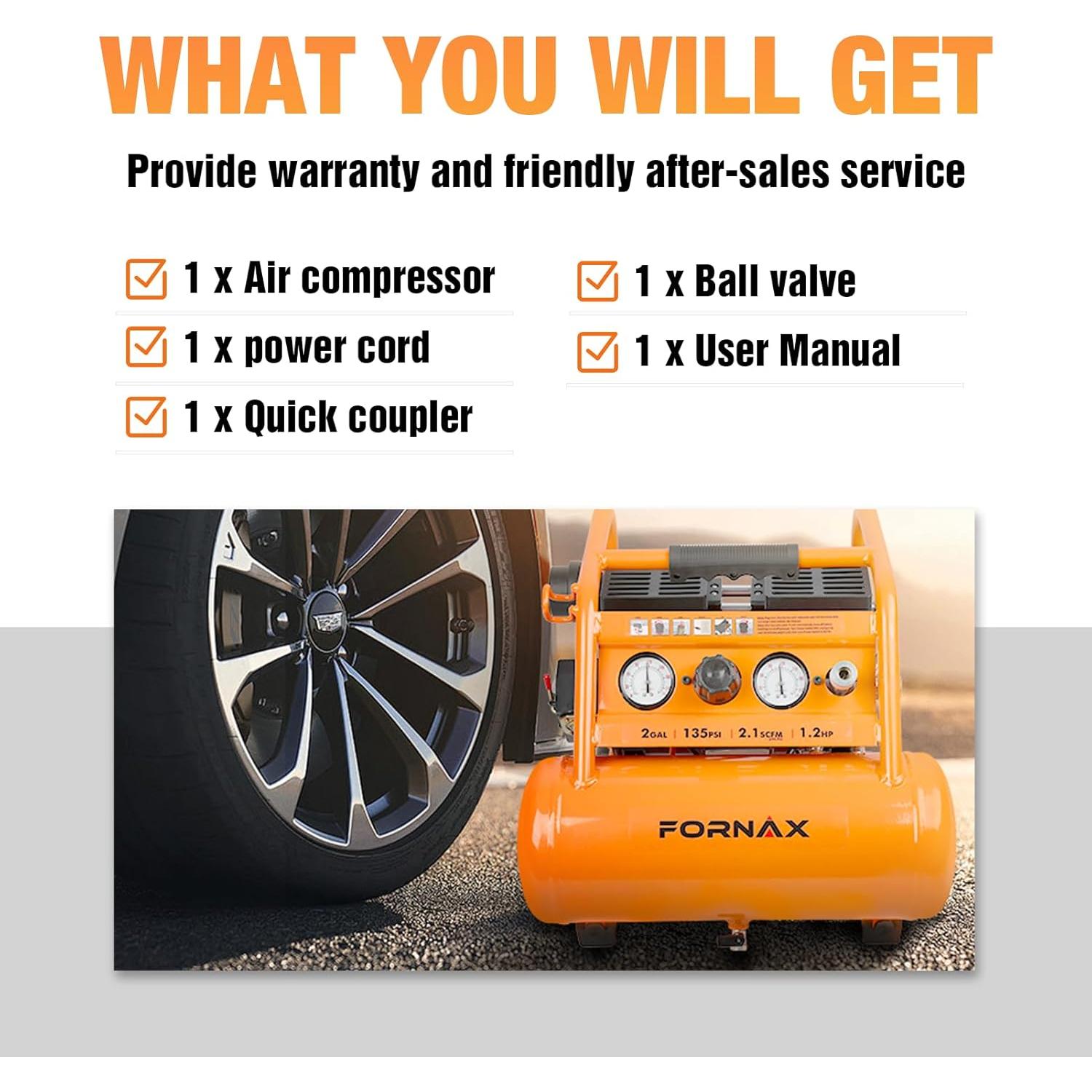 Compresor de Aire Portátil FORNAX 2 Galones 1.2 HP Silencioso