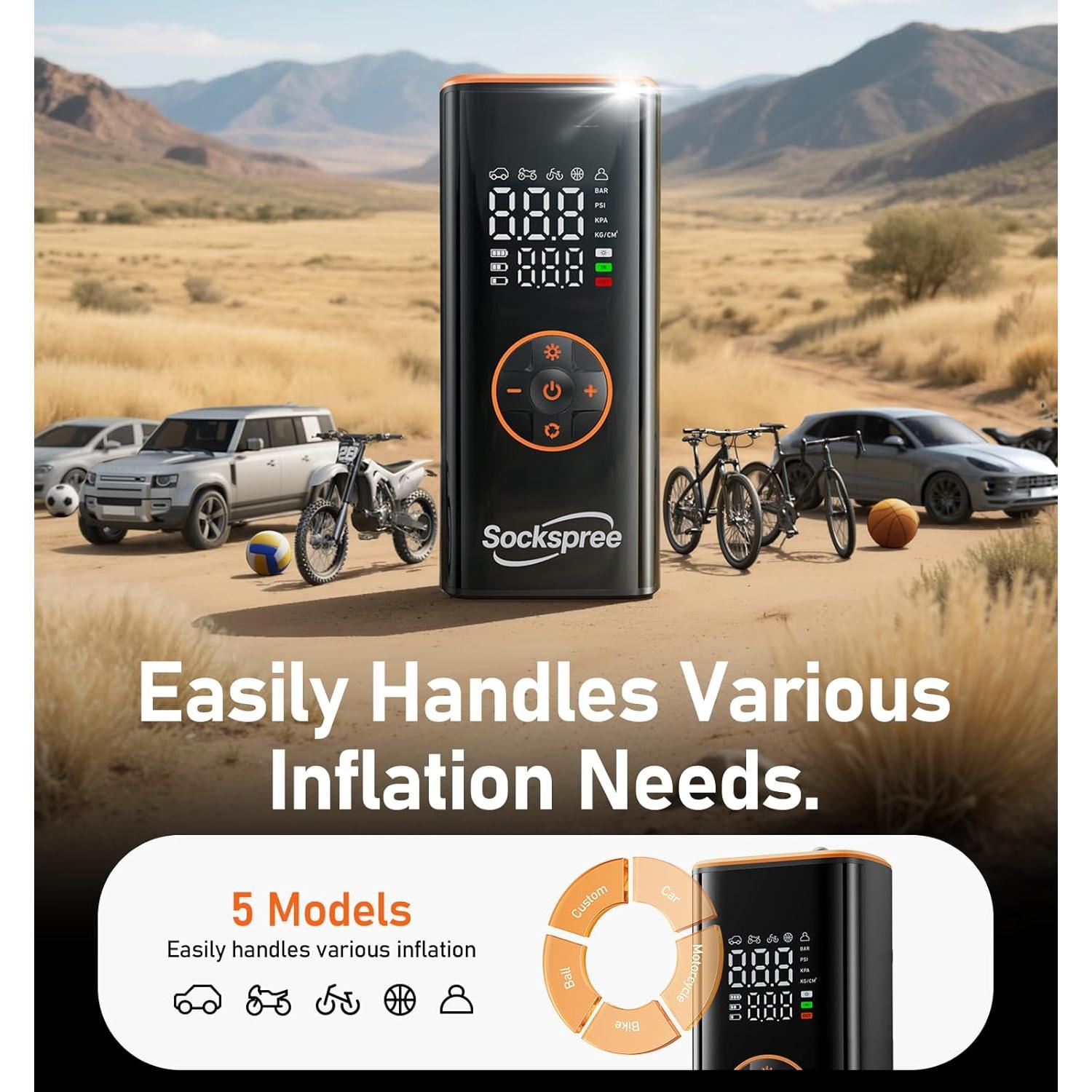 Compresor de Aire Portátil Sockspree 150PSI Inflador Inteligente