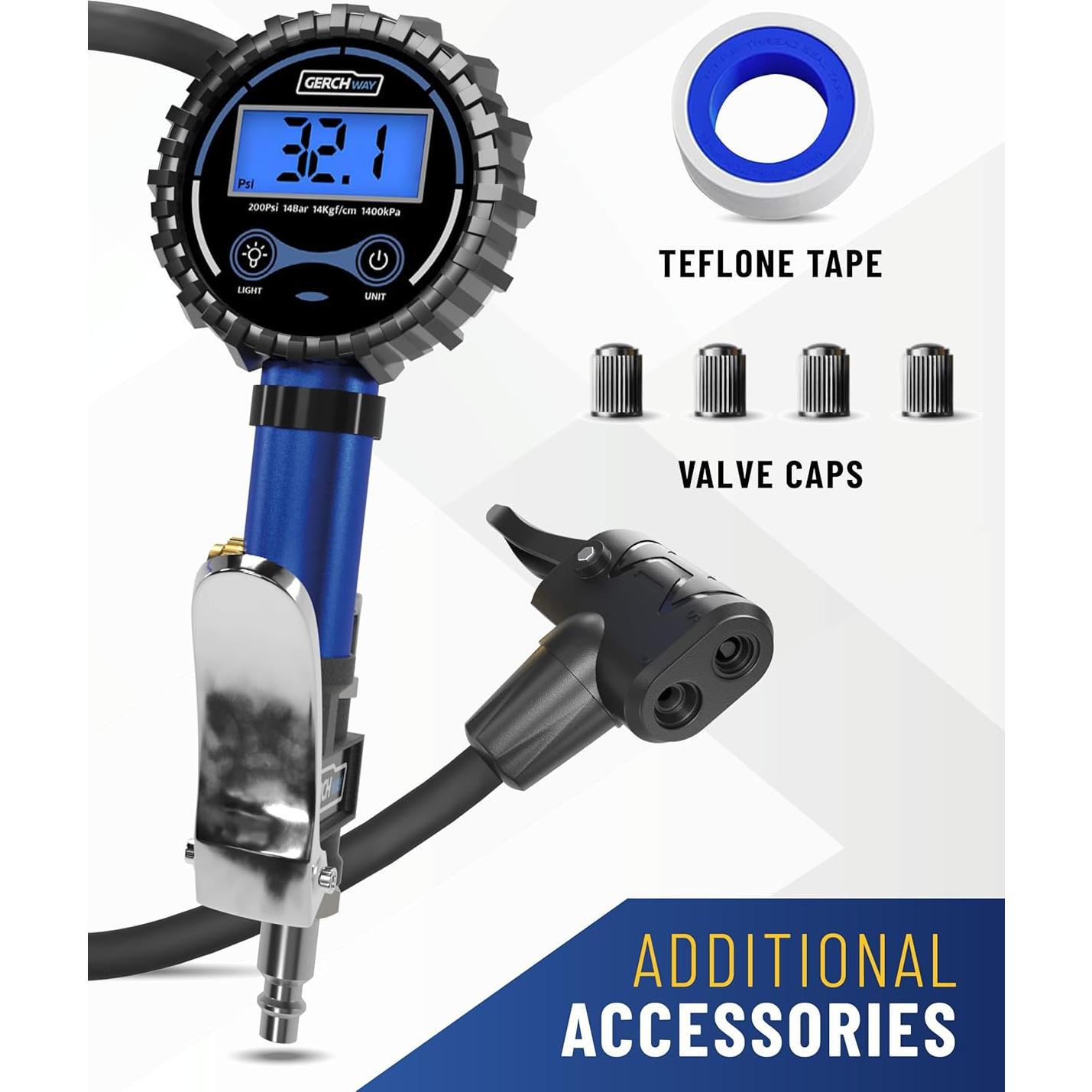 Inflador Digital de Neumáticos Gerchway con Manómetro 3-200 PSI