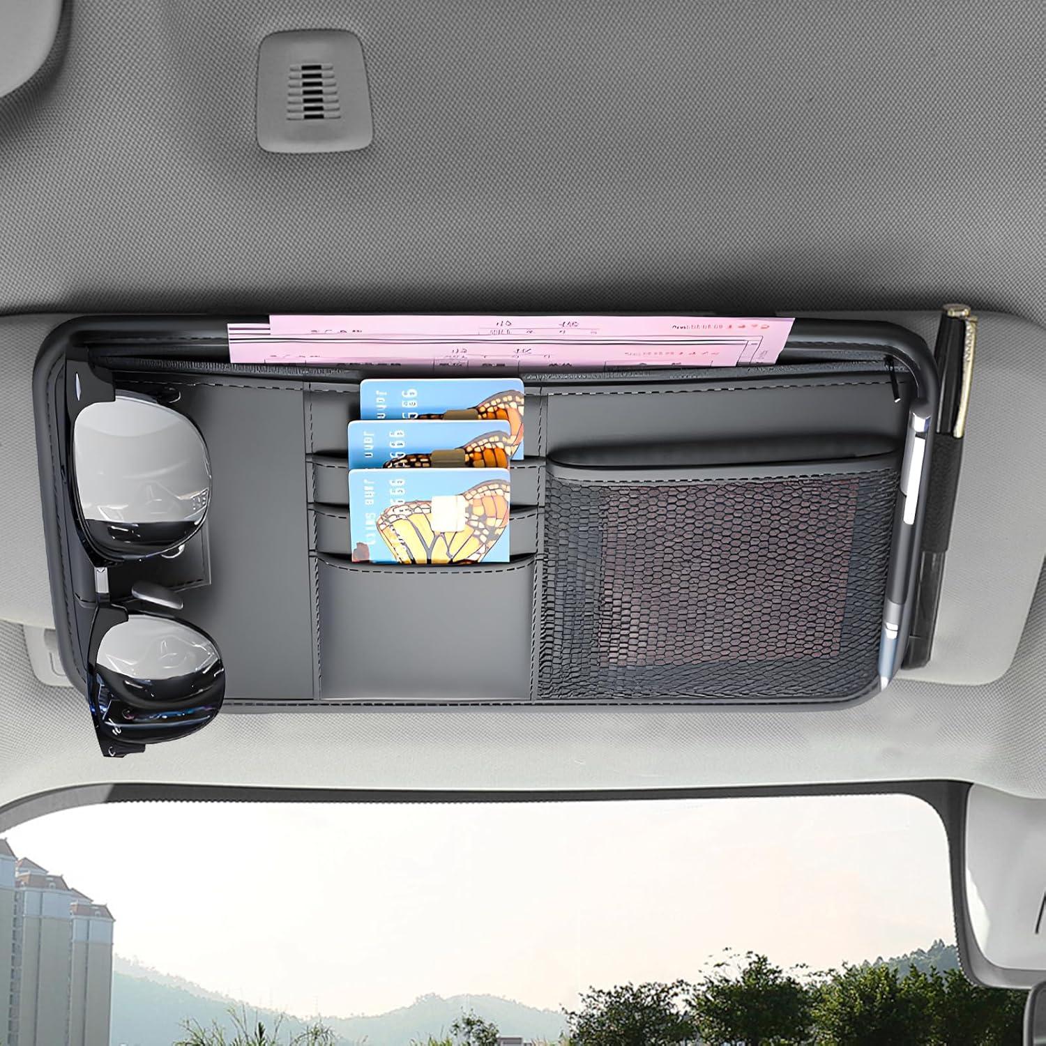 Organizador de Visera de Coche Panthra 2 Pcs Cuero Negro y Gris