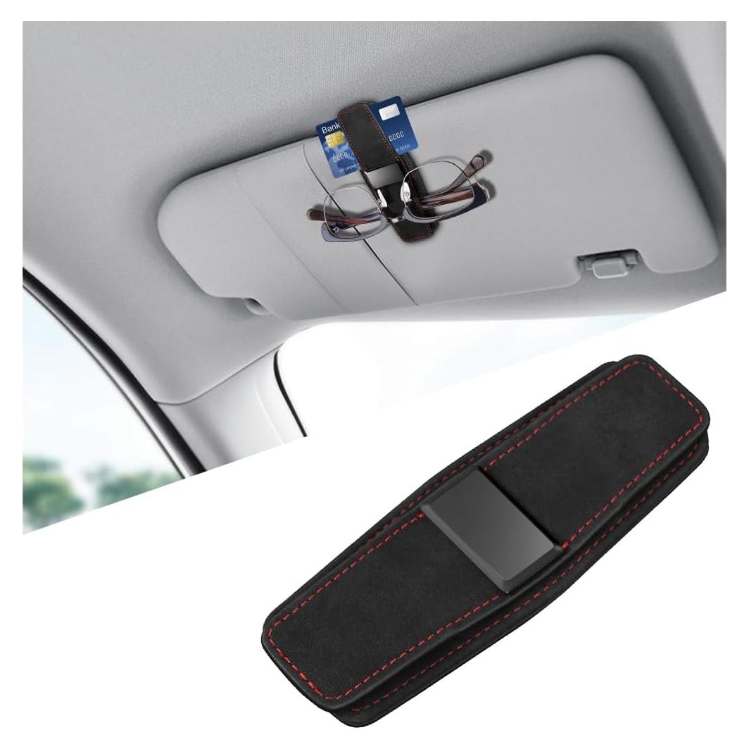 Car Sunglasses Holders for Sun Visor, Microfiber & Suede Leather Magnetic Double Vehicle Glasses Hanger Clip for Ticket Card, Auto Interior Eyeglasses Organizer, Universal Fit (Black)