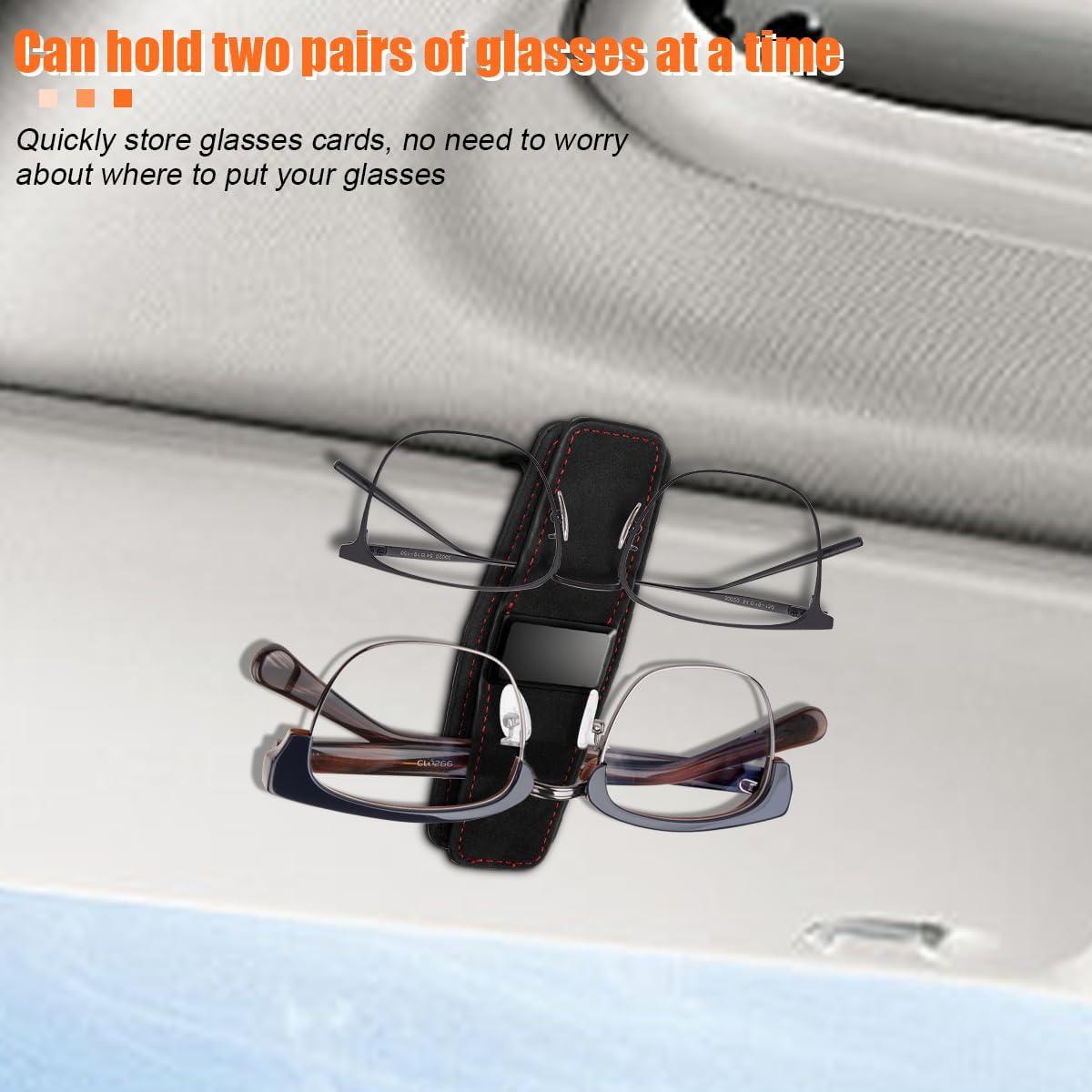 Car Sunglasses Holders for Sun Visor, Microfiber & Suede Leather Magnetic Double Vehicle Glasses Hanger Clip for Ticket Card, Auto Interior Eyeglasses Organizer, Universal Fit (Black)
