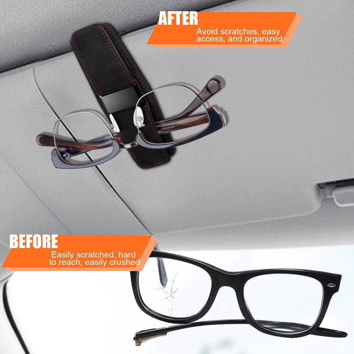 Car Sunglasses Holders for Sun Visor, Microfiber & Suede Leather Magnetic Double Vehicle Glasses Hanger Clip for Ticket Card, Auto Interior Eyeglasses Organizer, Universal Fit (Black)