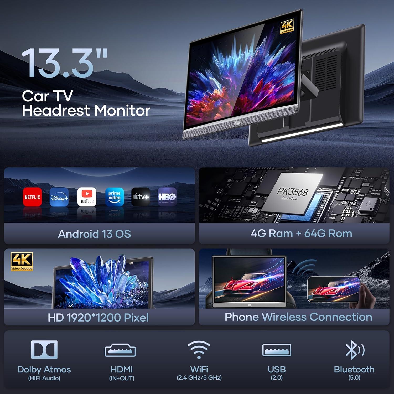 Monitor de TV para Automóvil WONNIE 13.3" 4G+64G Android 4K