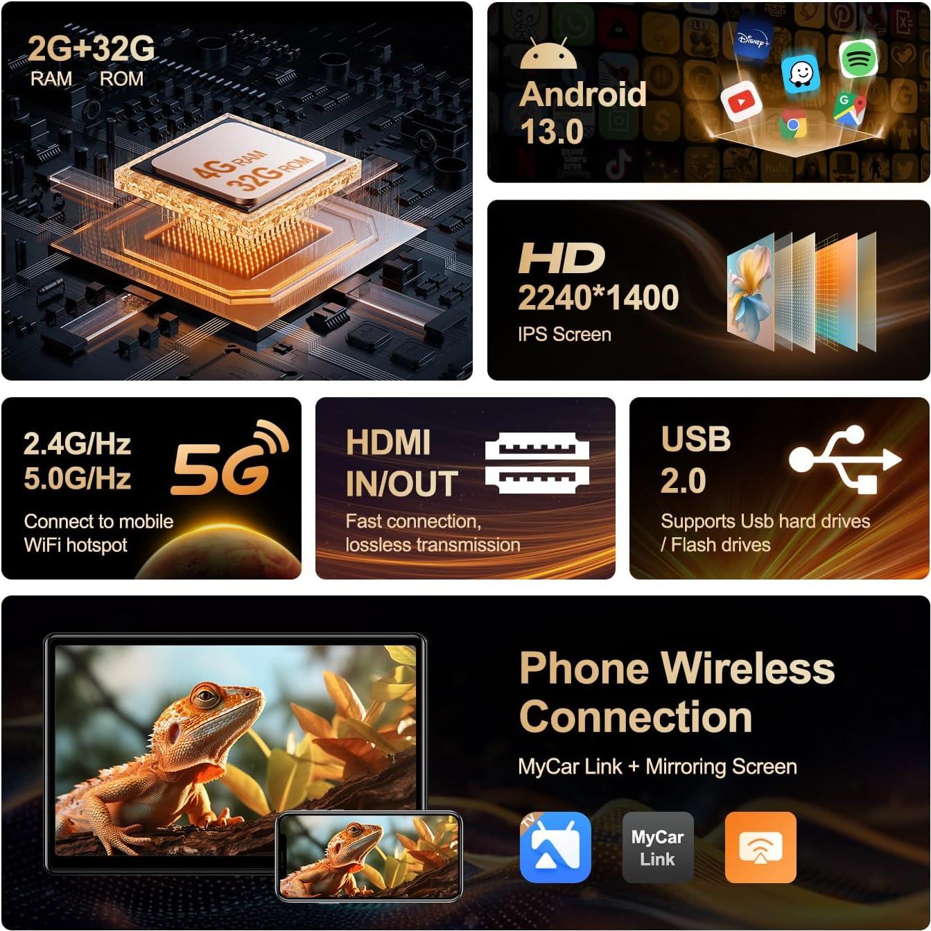 Monitor de respaldo AINAVIGO 14" Android 13 2+32GB WiFi