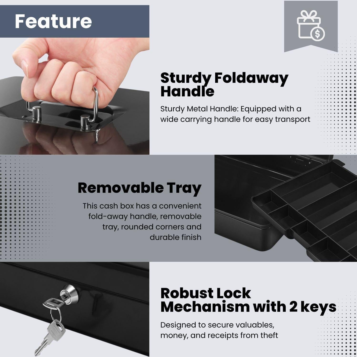 Caja de Dinero Flexzion Negra con Bandeja y Cerradura 29x23x8cm