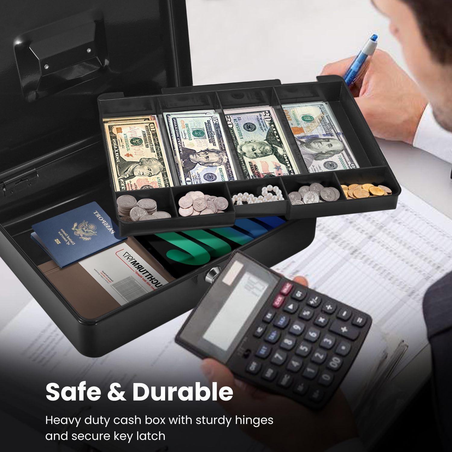 Caja de Dinero Flexzion Negra con Bandeja y Cerradura 29x23x8cm