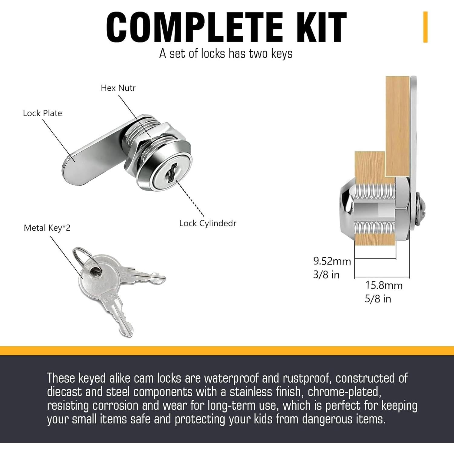 Cerradura de Gabinete MZCR-NNML 16mm con 4 Llaves Igual