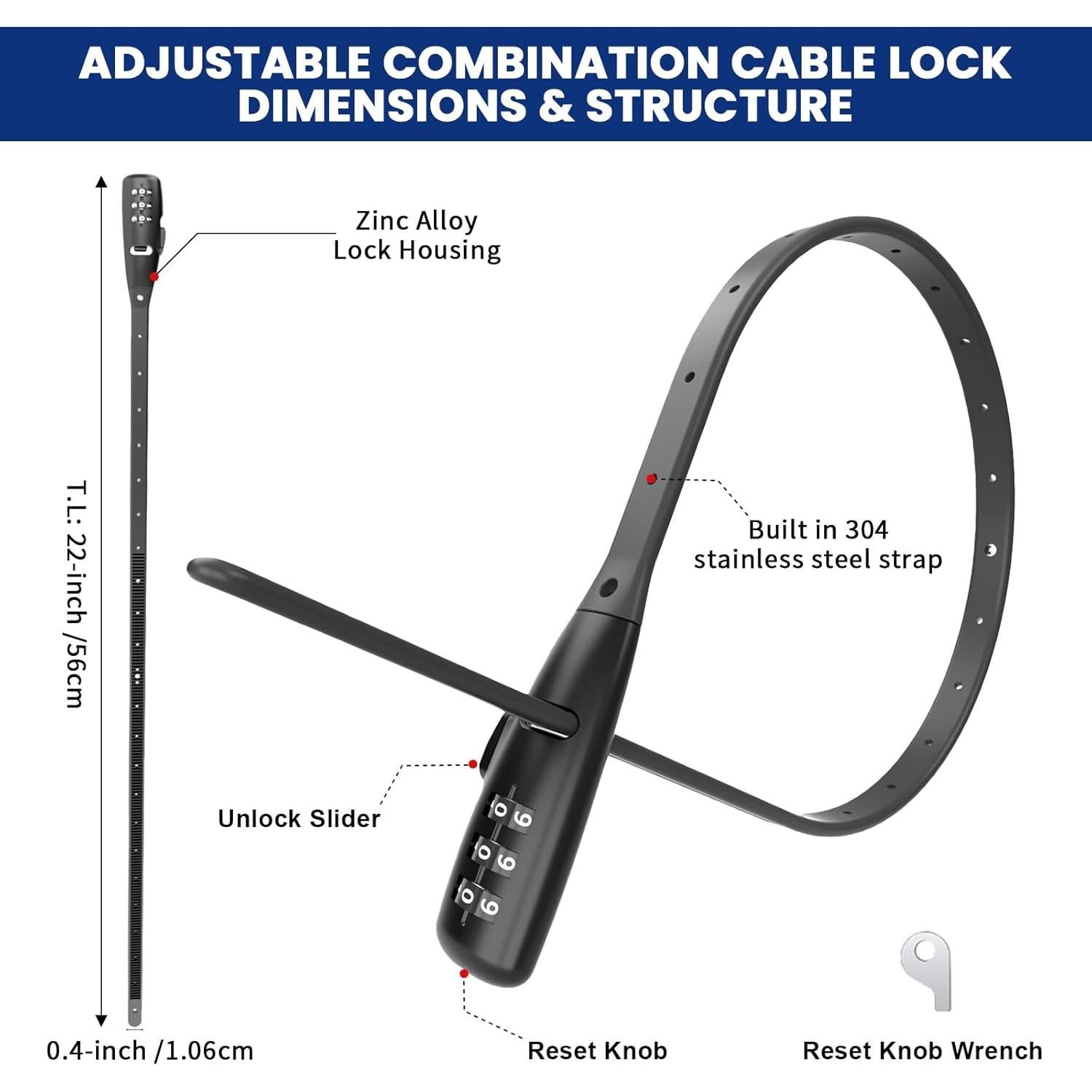 Candado de Cable Ajustable WARLION 3 Dígitos 0.49m Negro