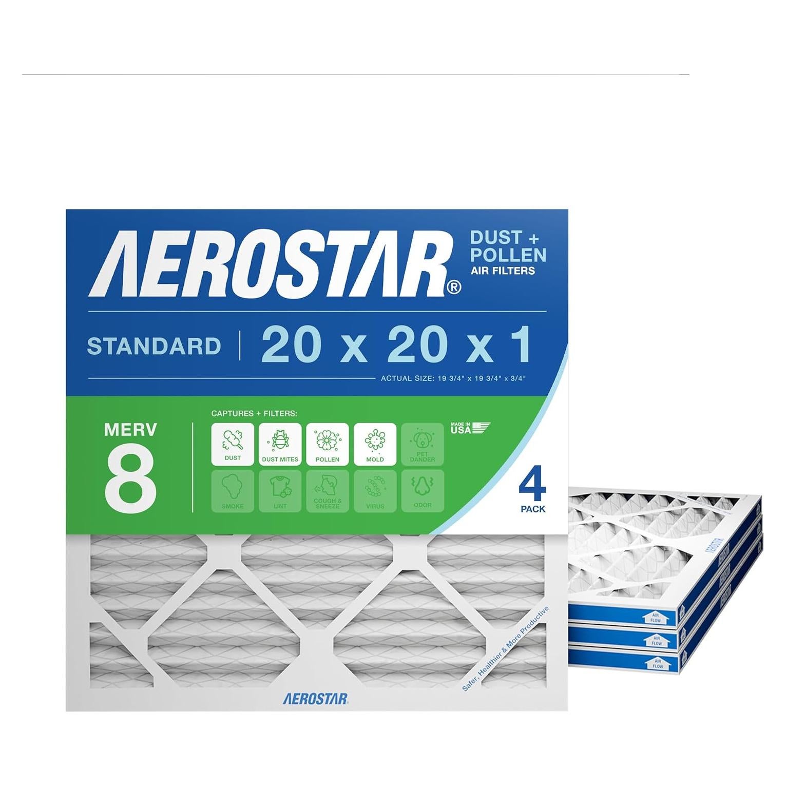 Filtros de Aire Plisados Aerostar 20x20x1 MERV 8 - Paquete de 4