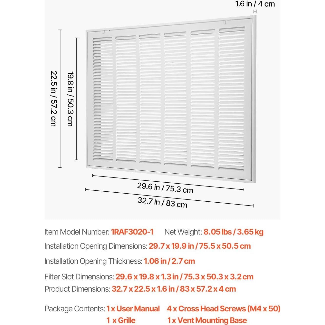 Rejilla de Filtro de Aire de Retorno VEVOR 30x50 cm Acero