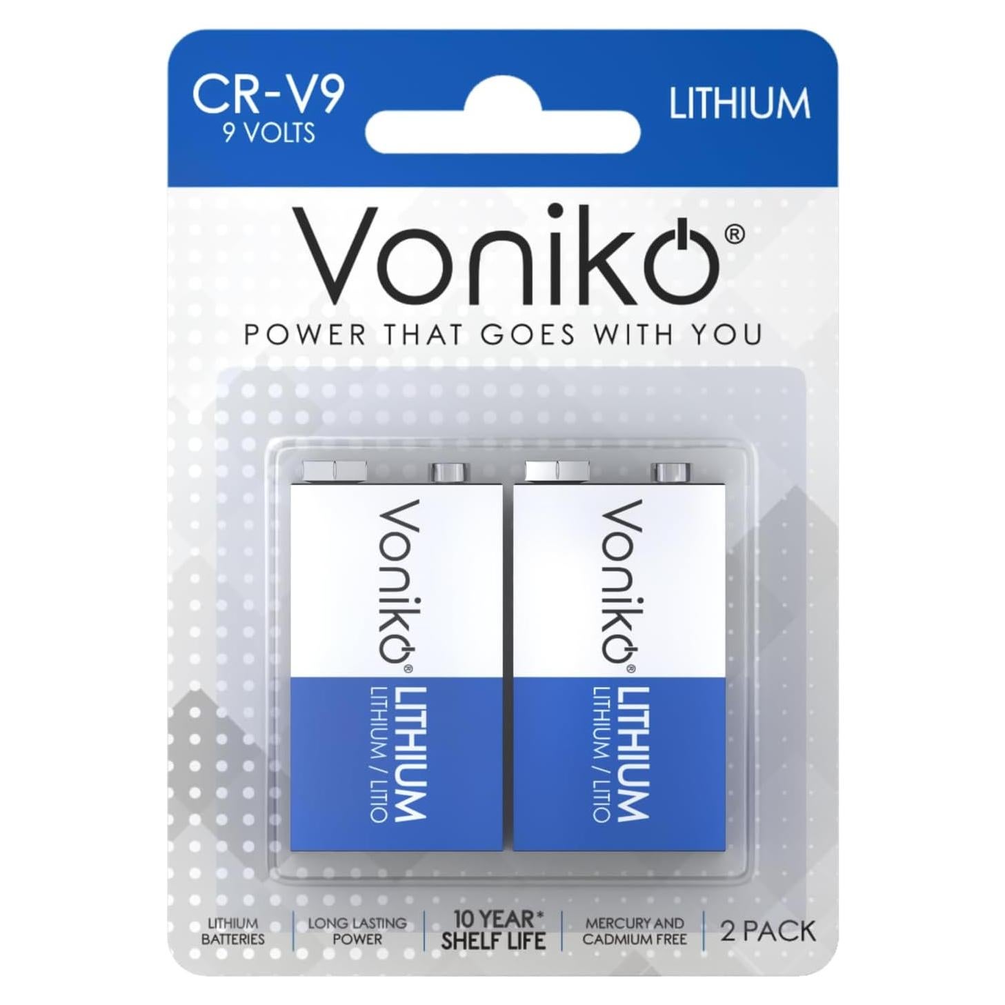 Batería de Litio Voniko 9V Paquete de 2, 10 Años de Vida Útil