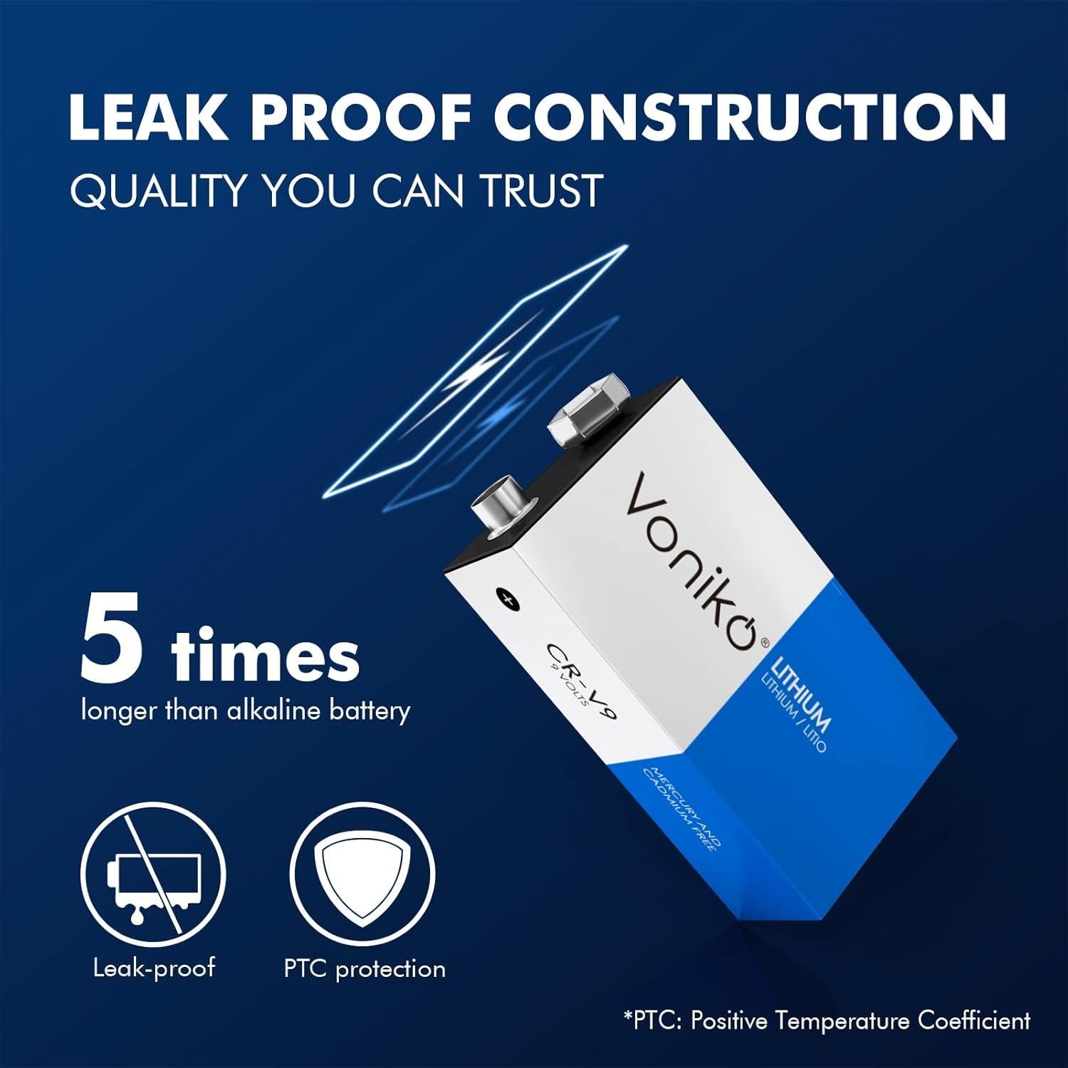 Batería de Litio Voniko 9V Paquete de 2, 10 Años de Vida Útil