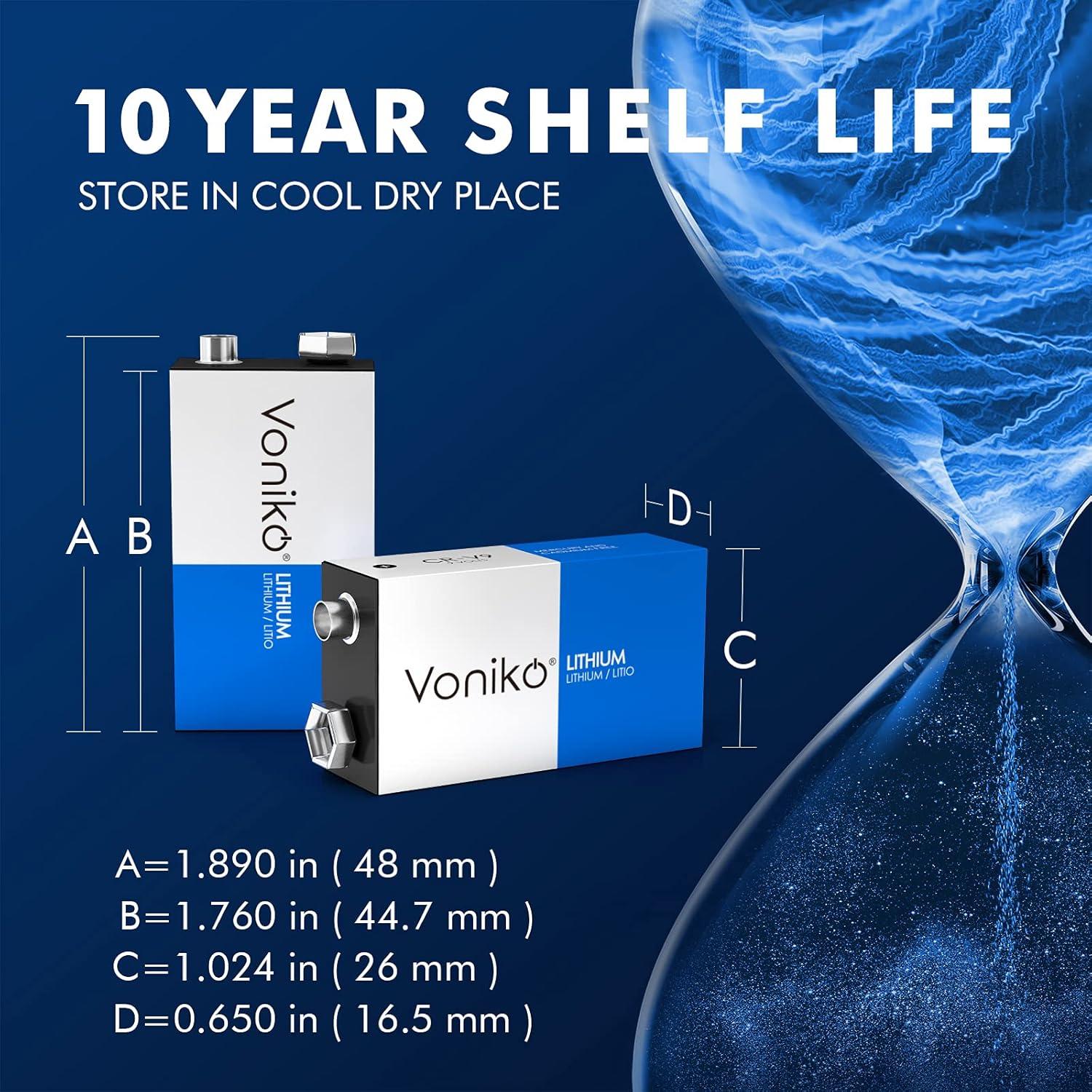 Batería de Litio Voniko 9V Paquete de 2, 10 Años de Vida Útil