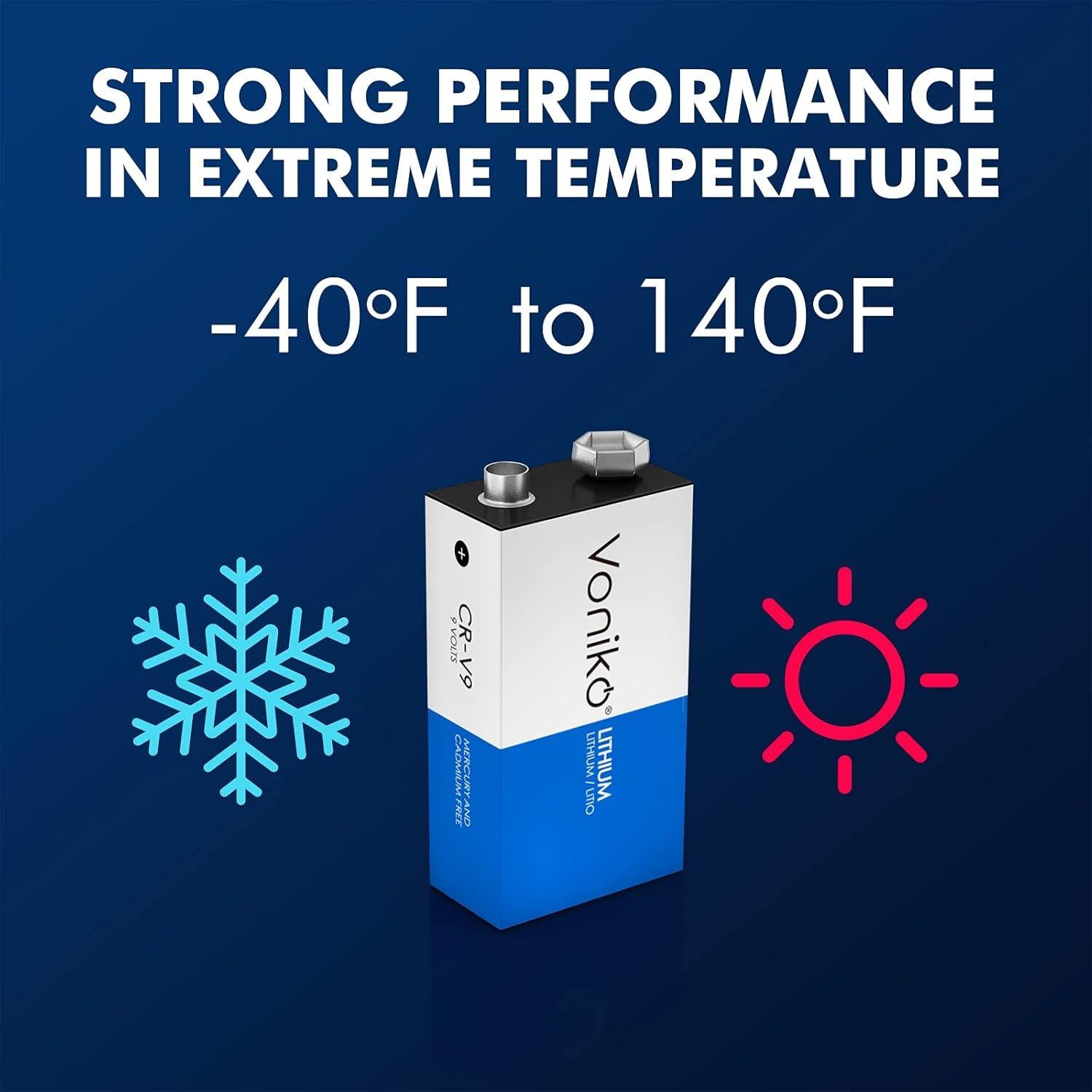 Batería de Litio Voniko 9V Paquete de 2, 10 Años de Vida Útil