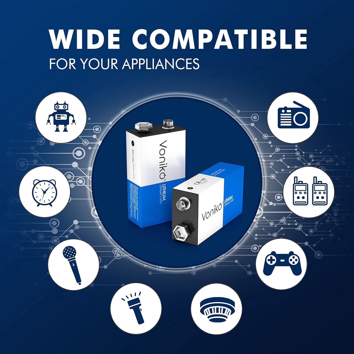 Batería de Litio Voniko 9V Paquete de 2, 10 Años de Vida Útil