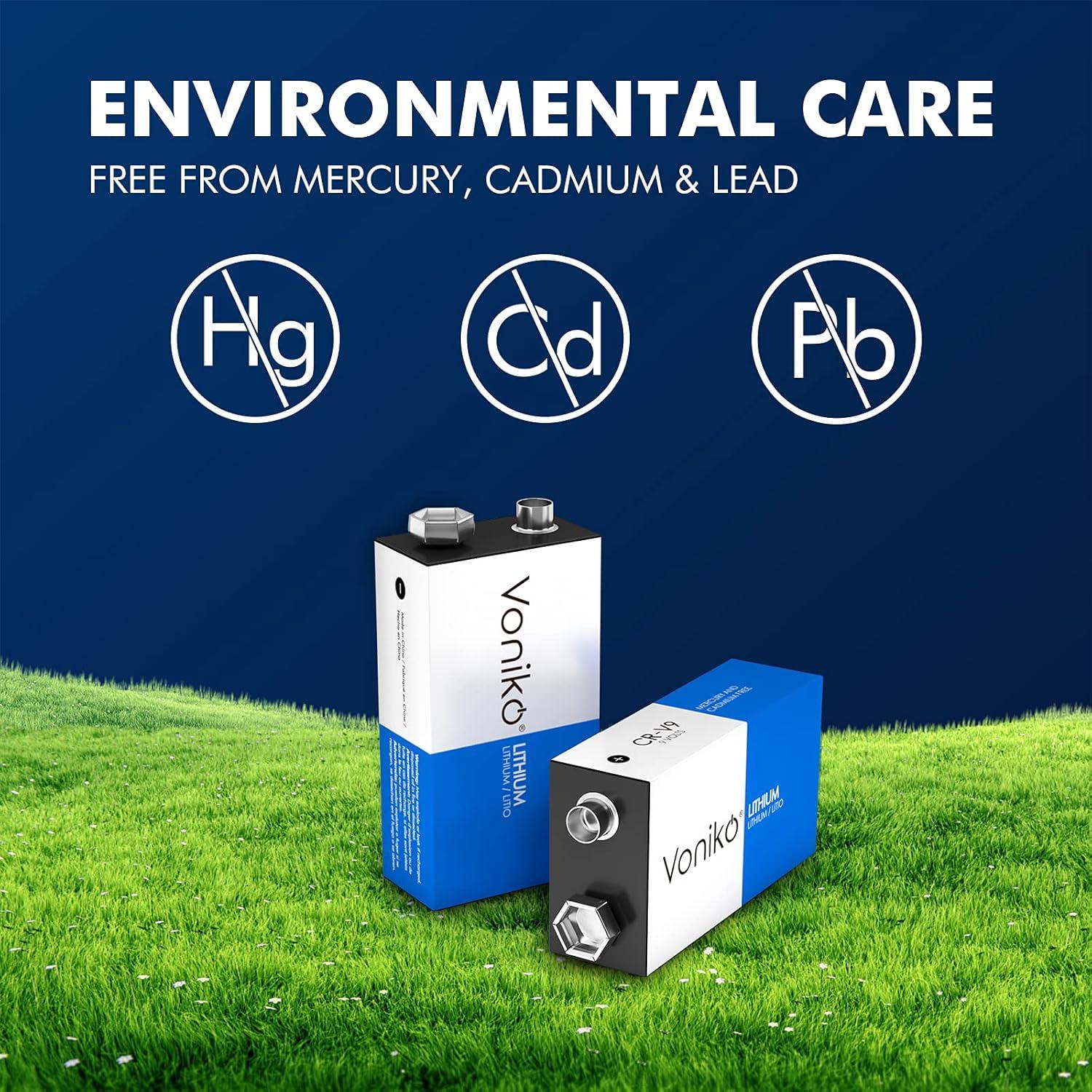 Batería de Litio Voniko 9V Paquete de 2, 10 Años de Vida Útil