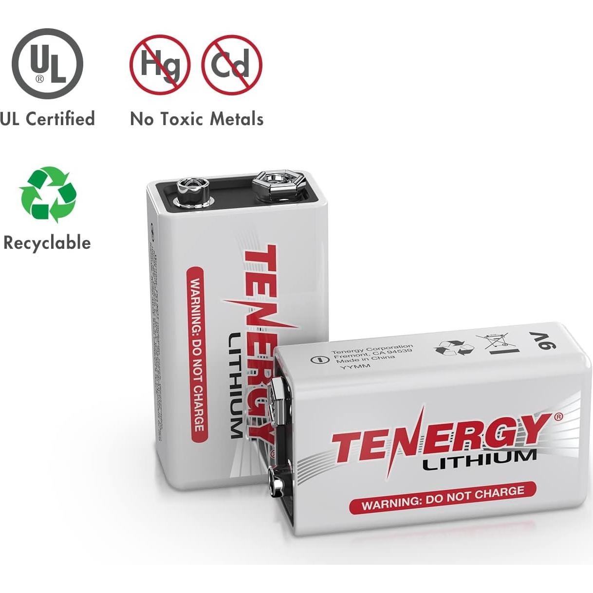 Baterías de Litio 9V Tenergy Paquete de 2, 1200mAh, Larga Duración