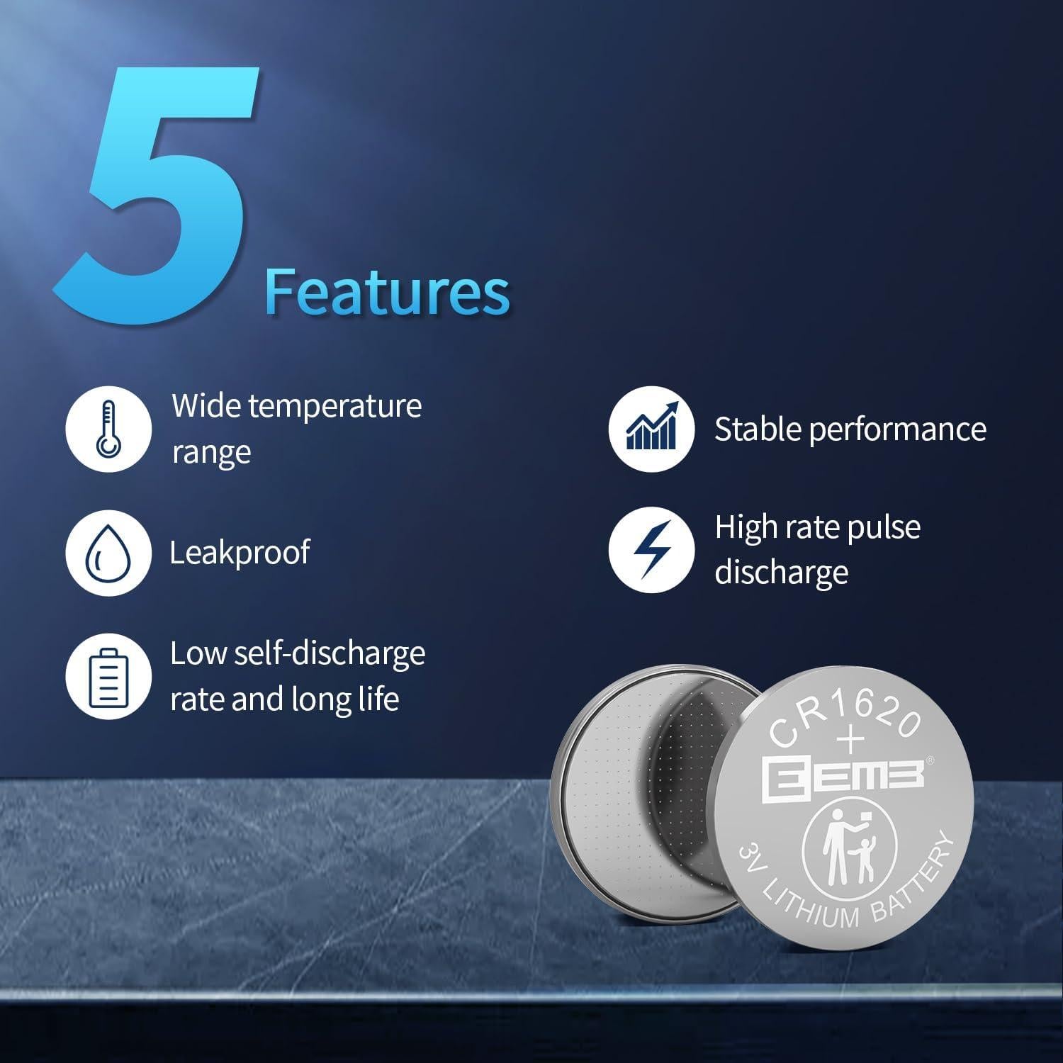 Paquete de 10 Baterías CR1620 EEMB de Litio 3V para Reloj y Control Remoto