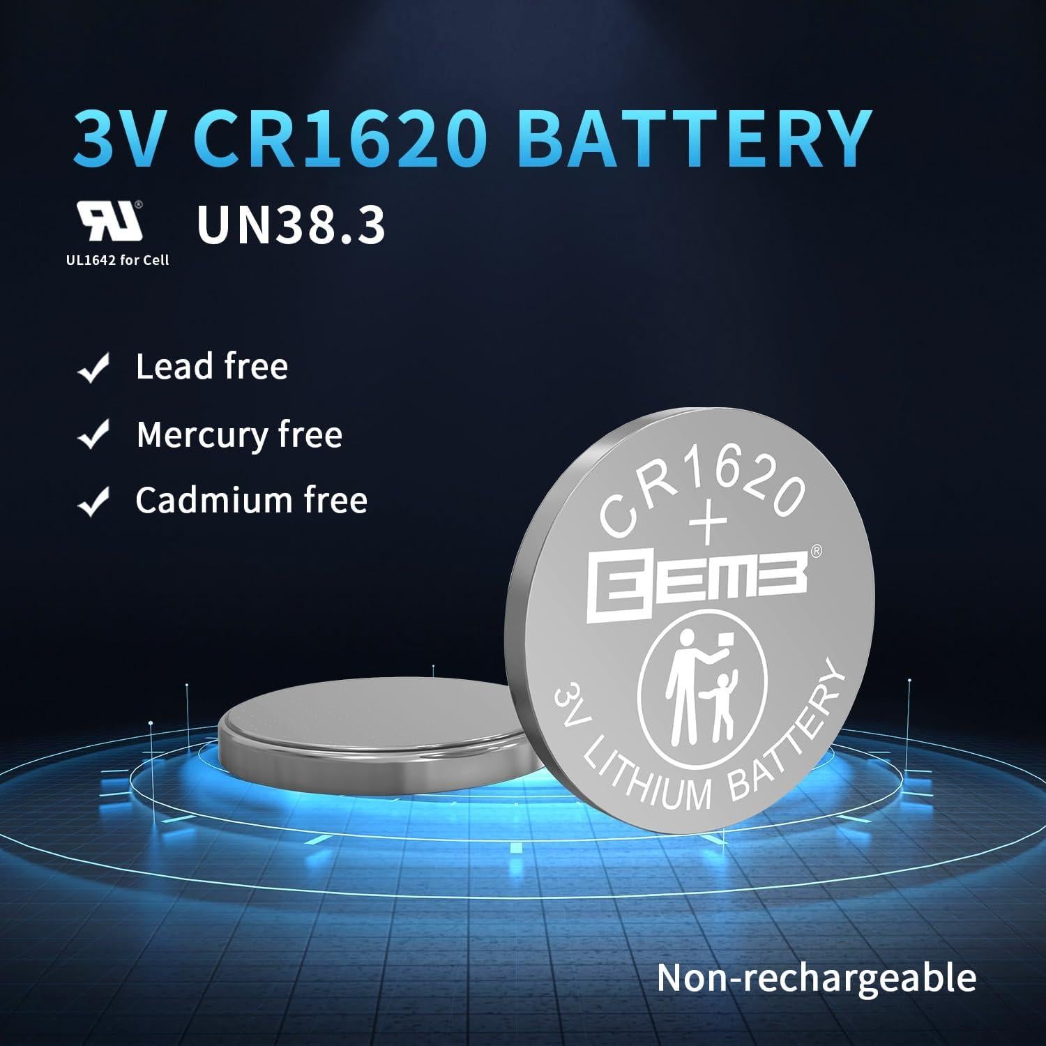 Paquete de 10 Baterías CR1620 EEMB de Litio 3V para Reloj y Control Remoto