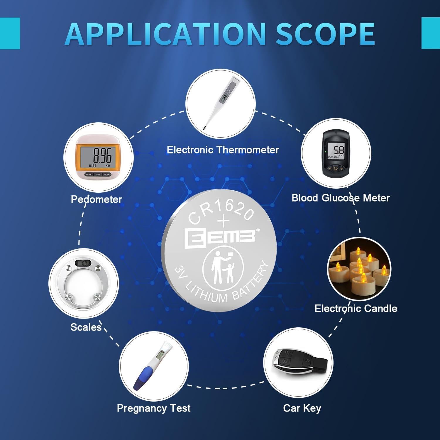 Paquete de 10 Baterías CR1620 EEMB de Litio 3V para Reloj y Control Remoto