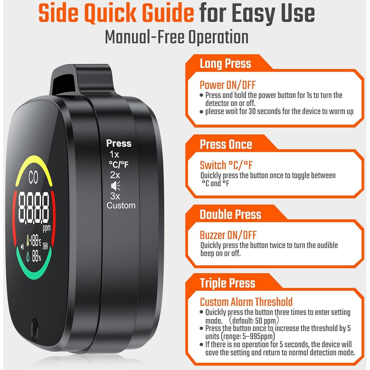 Detector de Monóxido de Carbono Portátil Veevvio HB-04 3 en 1