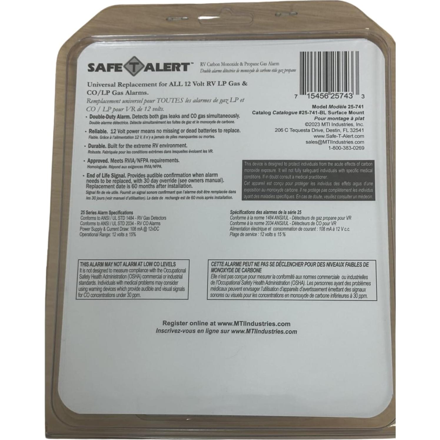 Alarma Doble Safe T Alert 25-741-BL Propano y CO 12V