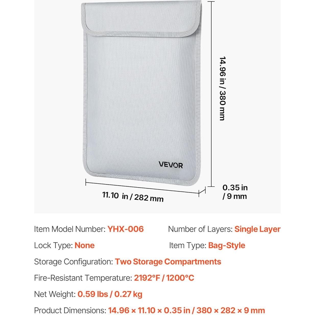 Bolsa Aislante a Prueba de Fuego VEVOR 380x282mm Impermeable