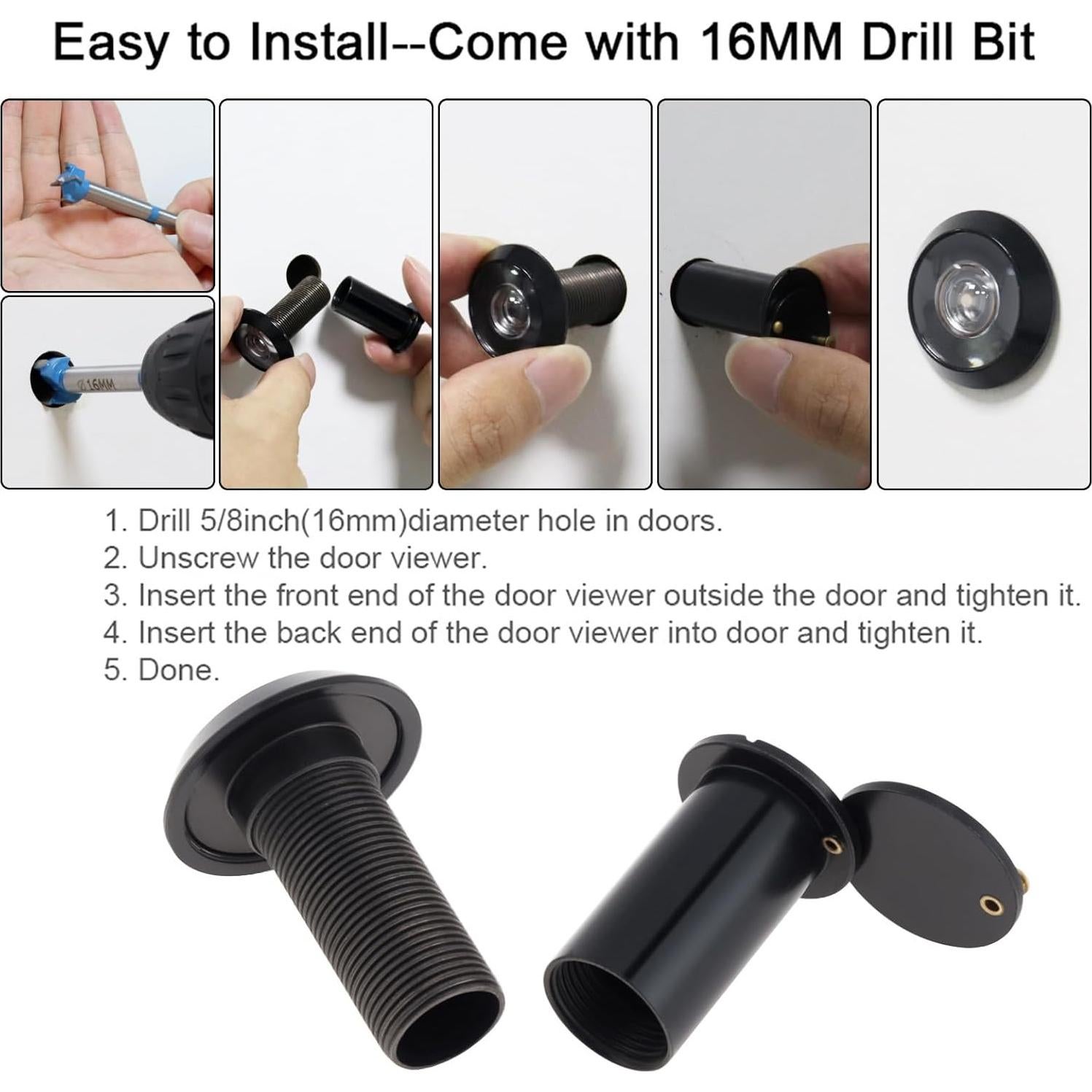 Mirador de Puerta HOJLKLD 200 Grados Latón Sólido Negro Mate