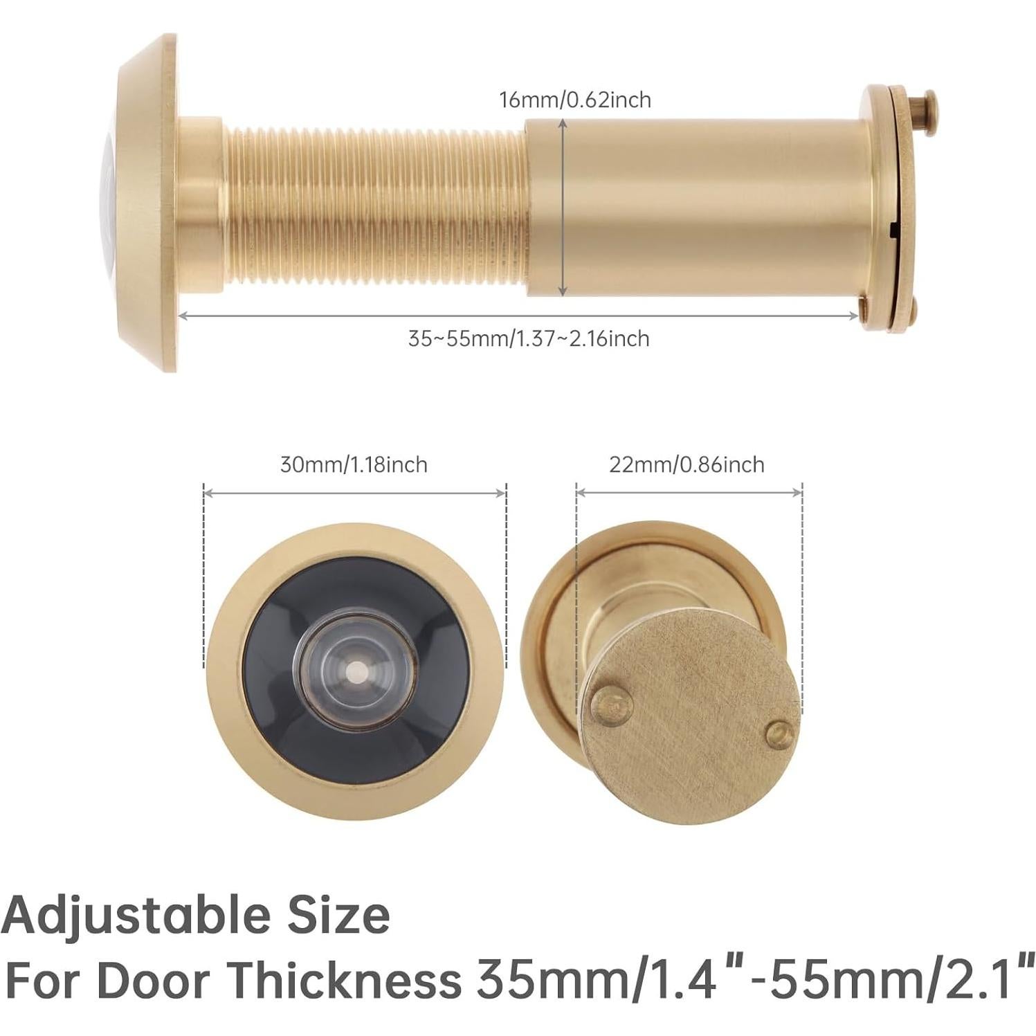 Door Viewer Peephole, Solid Brass 200 Degree Viewer, 5/8 Inch Pipe Diameter Peephole with Privacy Cover for 1-3/8" to 2-1/6" Doors (Gold)