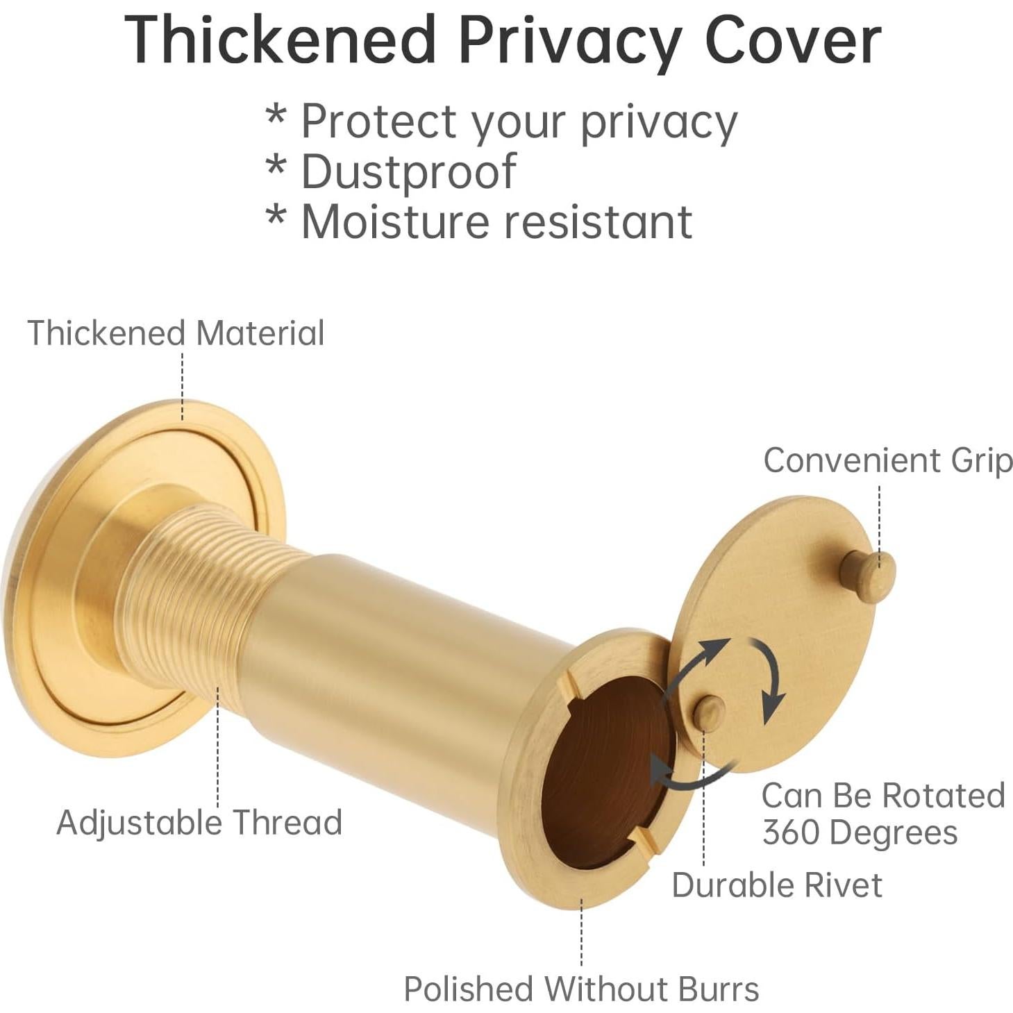 Door Viewer Peephole, Solid Brass 200 Degree Viewer, 5/8 Inch Pipe Diameter Peephole with Privacy Cover for 1-3/8" to 2-1/6" Doors (Gold)