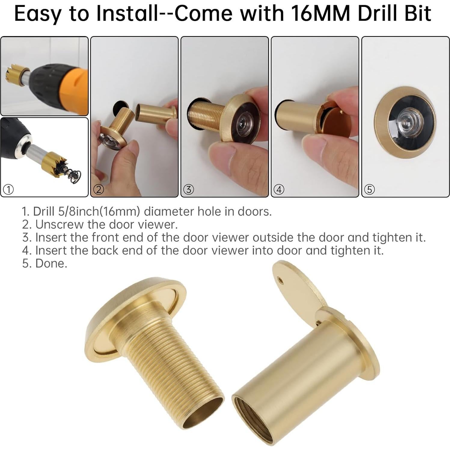 Door Viewer Peephole, Solid Brass 200 Degree Viewer, 5/8 Inch Pipe Diameter Peephole with Privacy Cover for 1-3/8" to 2-1/6" Doors (Gold)